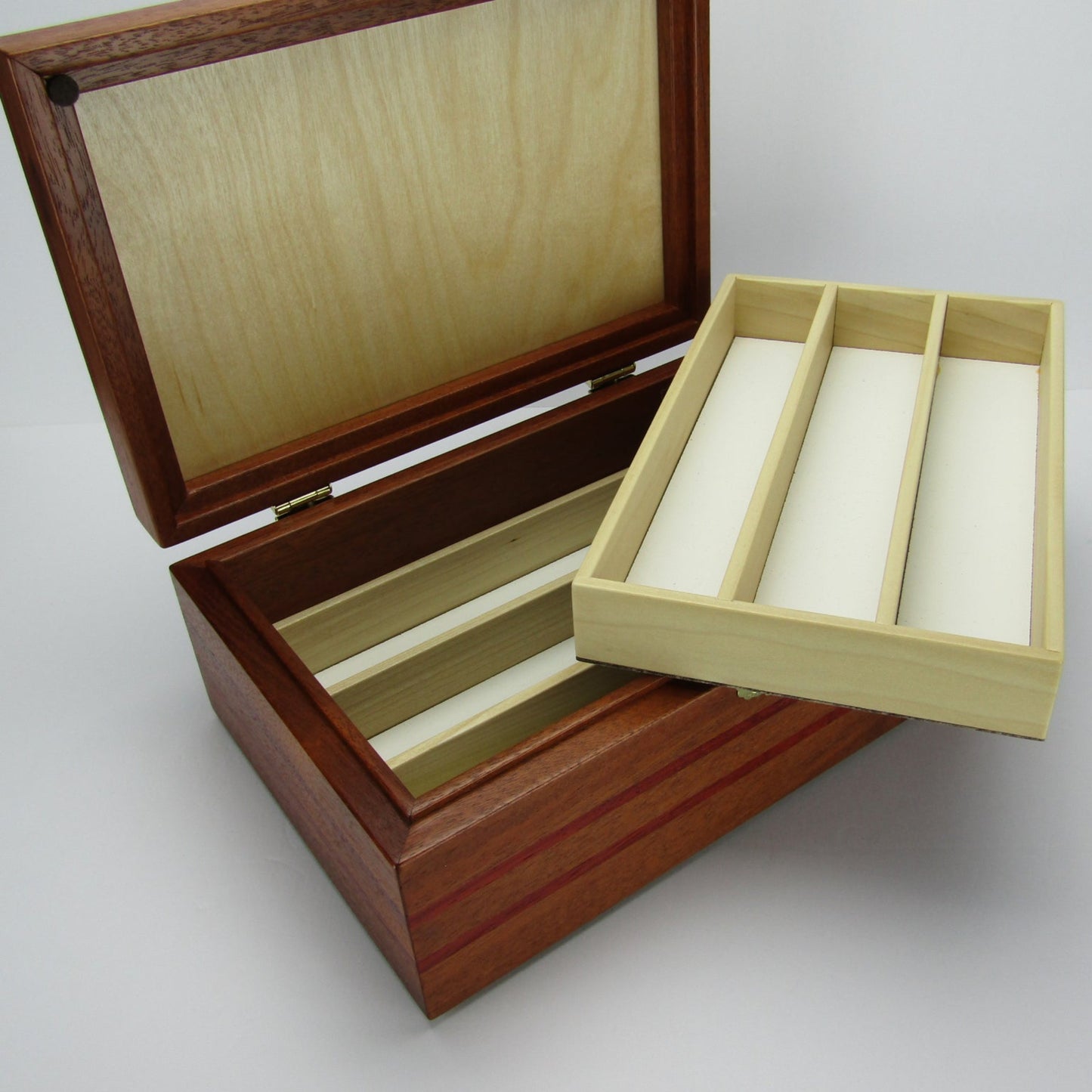 Divided trays for large memory box handmade from padauk and canary wood by A Finer Cut Woodworking.