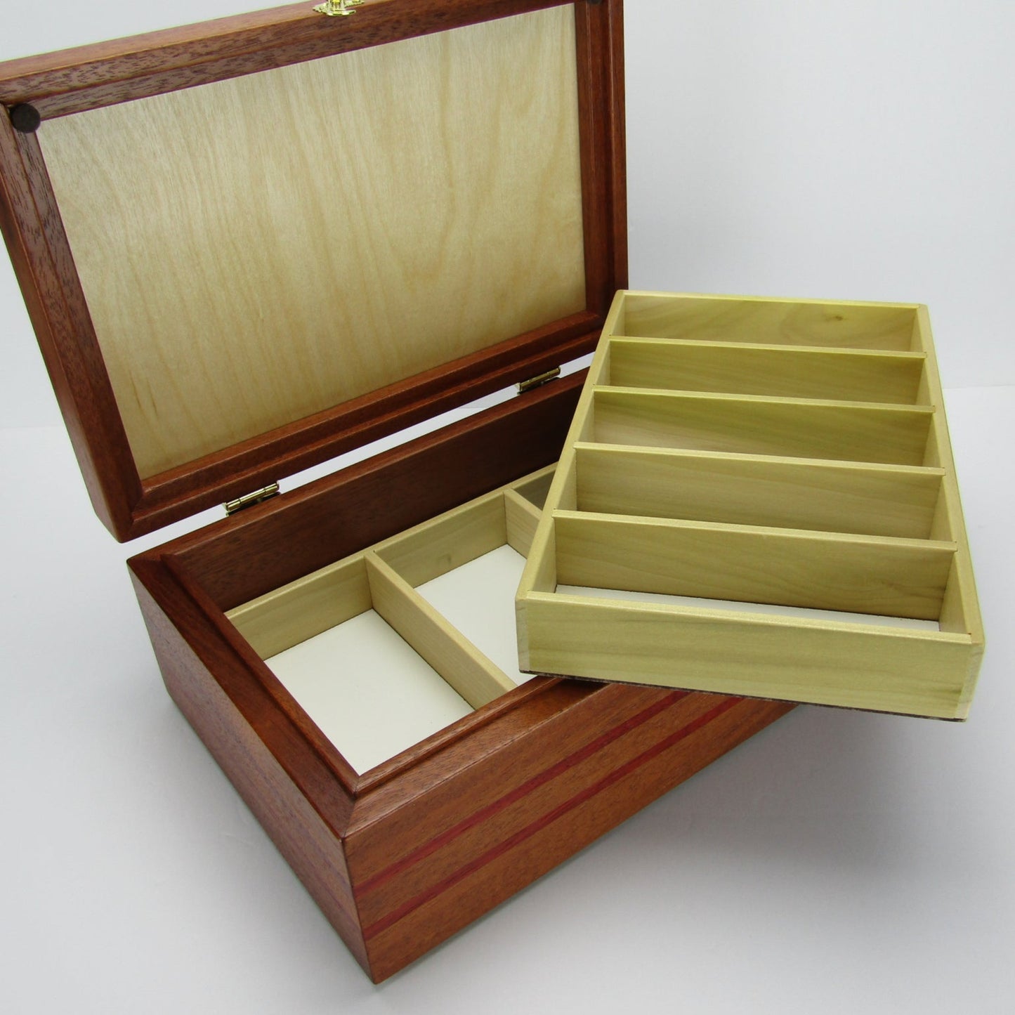 Divided trays for large memory box handmade from padauk and canary wood by A Finer Cut Woodworking.