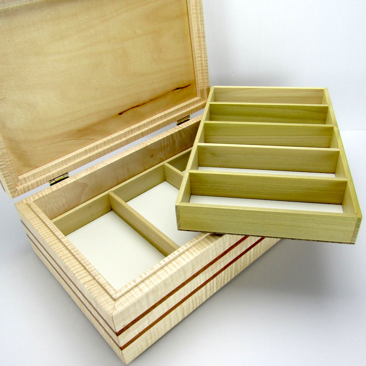 9x14 example box with divided wooden jewelry trays handmade from poplar by A Finer Cut Woodwork.