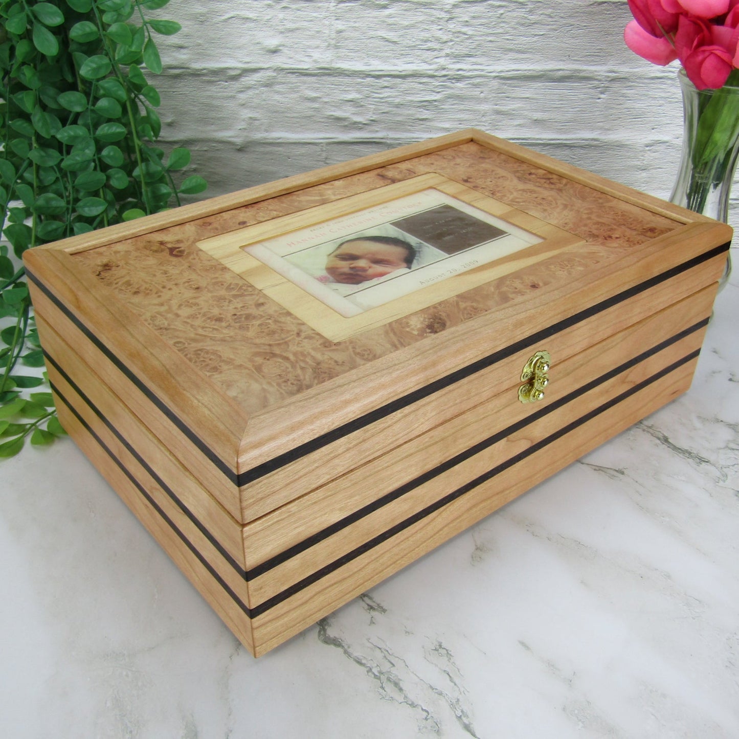 Thumbnail of children's memory box with photo lid handmade from cherry and wenge by A Finer Cut Woodworking.
