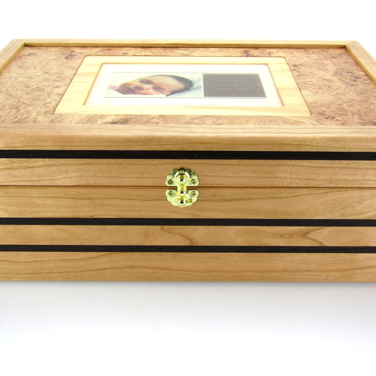 Front view of children's memory box with photo lid handmade from cherry and wenge by A Finer Cut Woodworking.