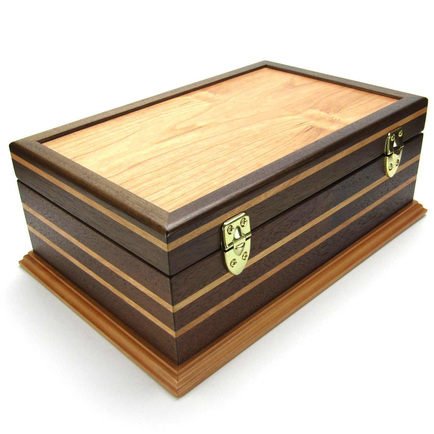 Back view of handmade keepsake box crafted from Peruvian walnut, cherry, cherry veneer, and a pear base by A Finer Cut Woodworking.