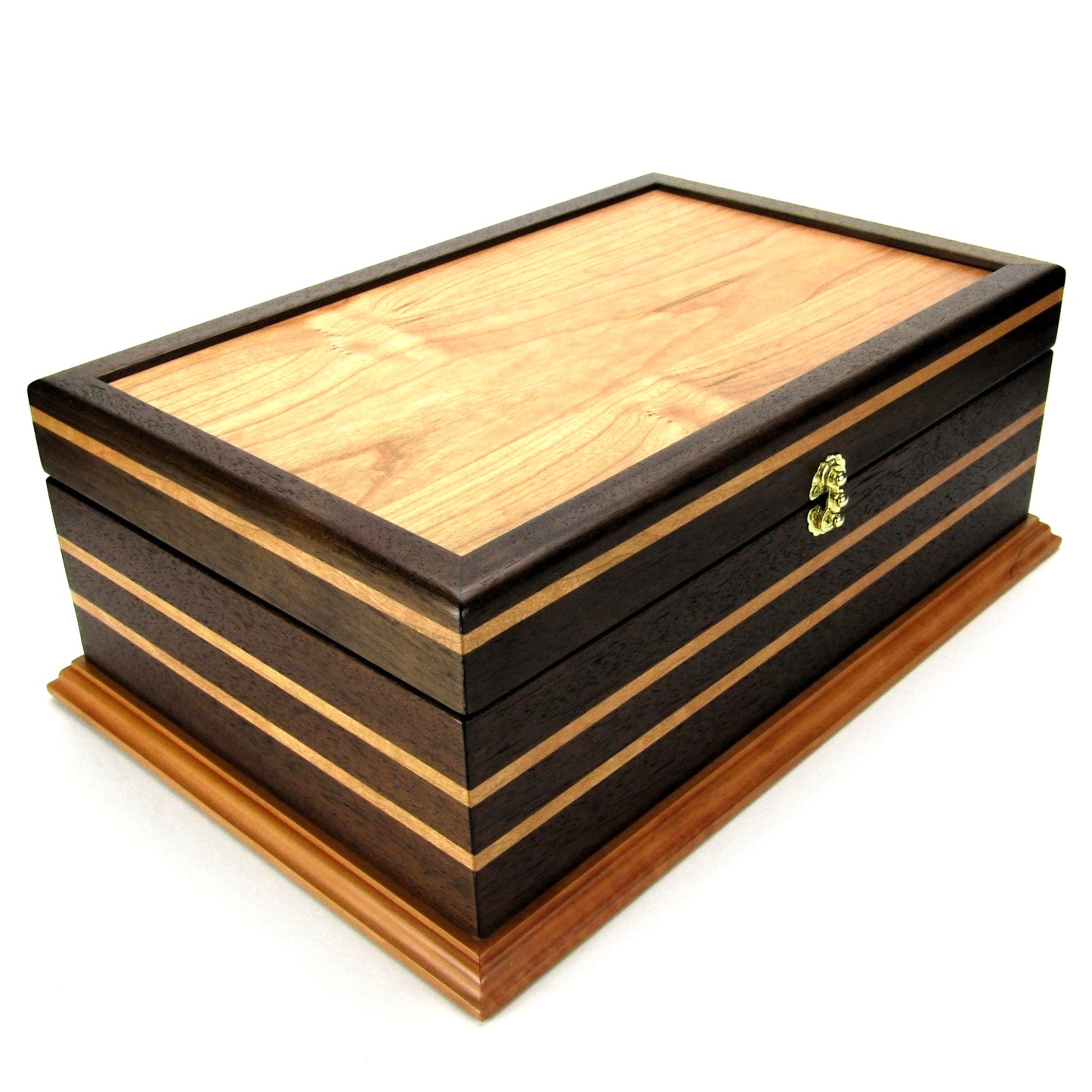 Full view corner of handmade keepsake box crafted from Peruvian walnut, cherry, cherry veneer, and a pear base by A Finer Cut Woodworking.