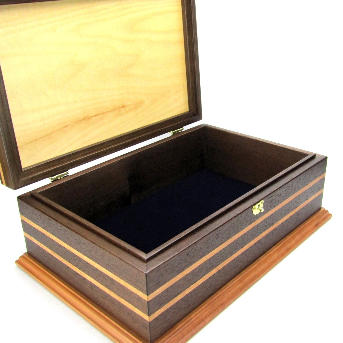 Interior view of handmade keepsake box crafted from Peruvian walnut, cherry, cherry veneer, and a pear base by A Finer Cut Woodworking.