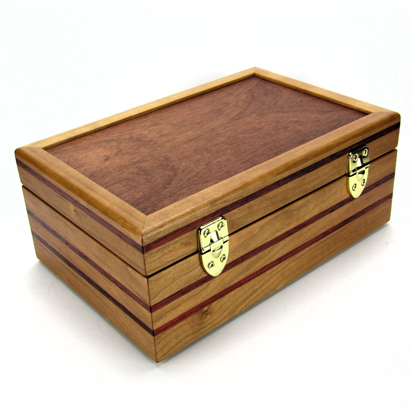 Back view of handmade memory box crafted from cherry and mahogany wood with padauk inlays by A Finer Cut Wood.