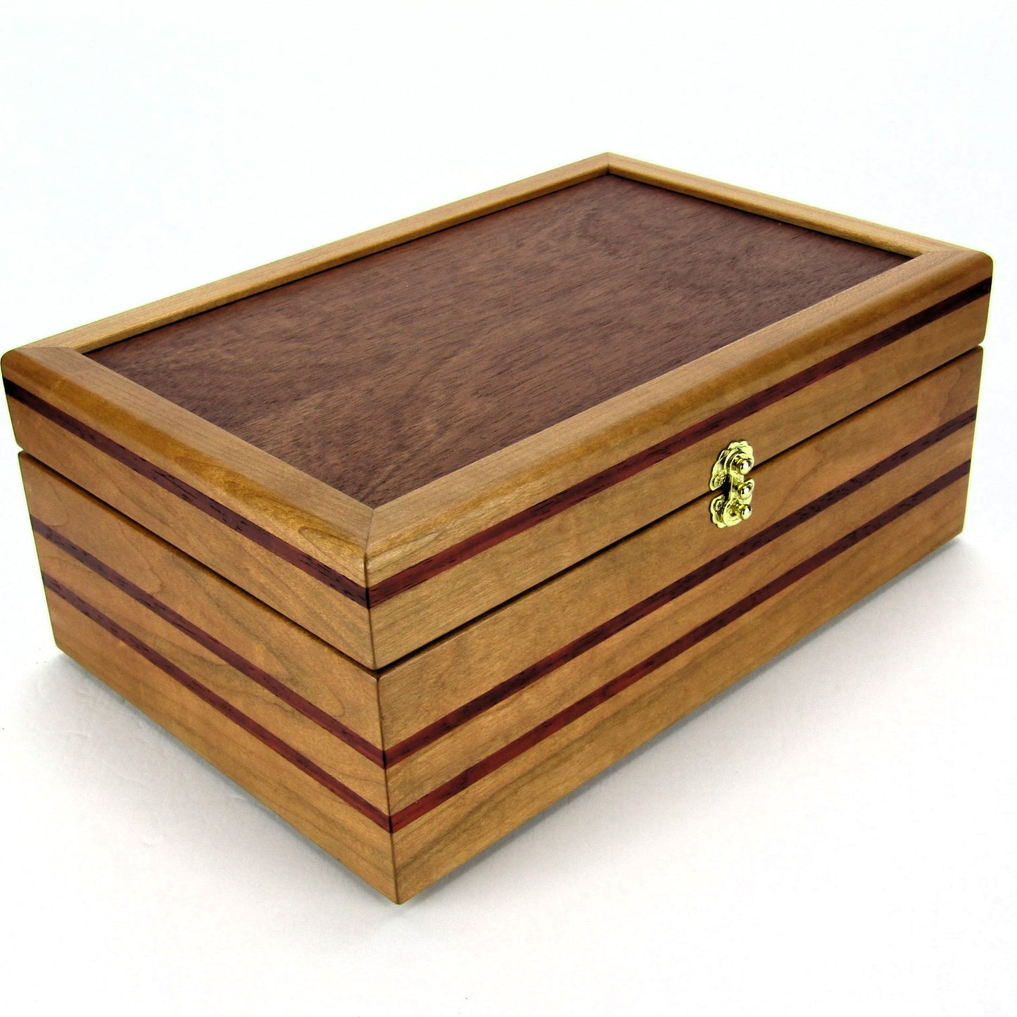 Front corner view of handmade memory box crafted from cherry and mahogany wood with padauk inlays by A Finer Cut Wood.