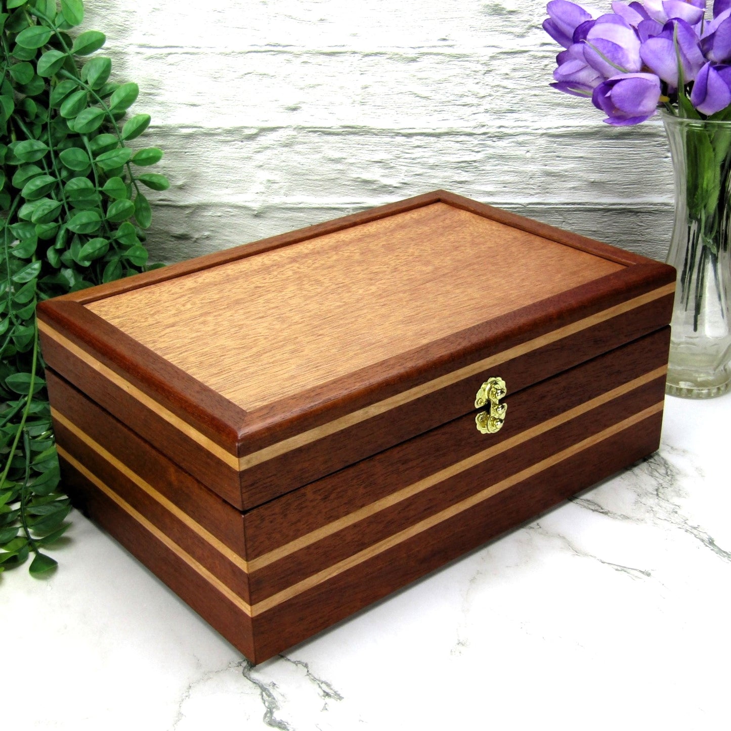 Thumbnail of handmade wood jewelry box crafted from mahogany, cherry, and mahogany veneer by A Finer Cut Woodwork.