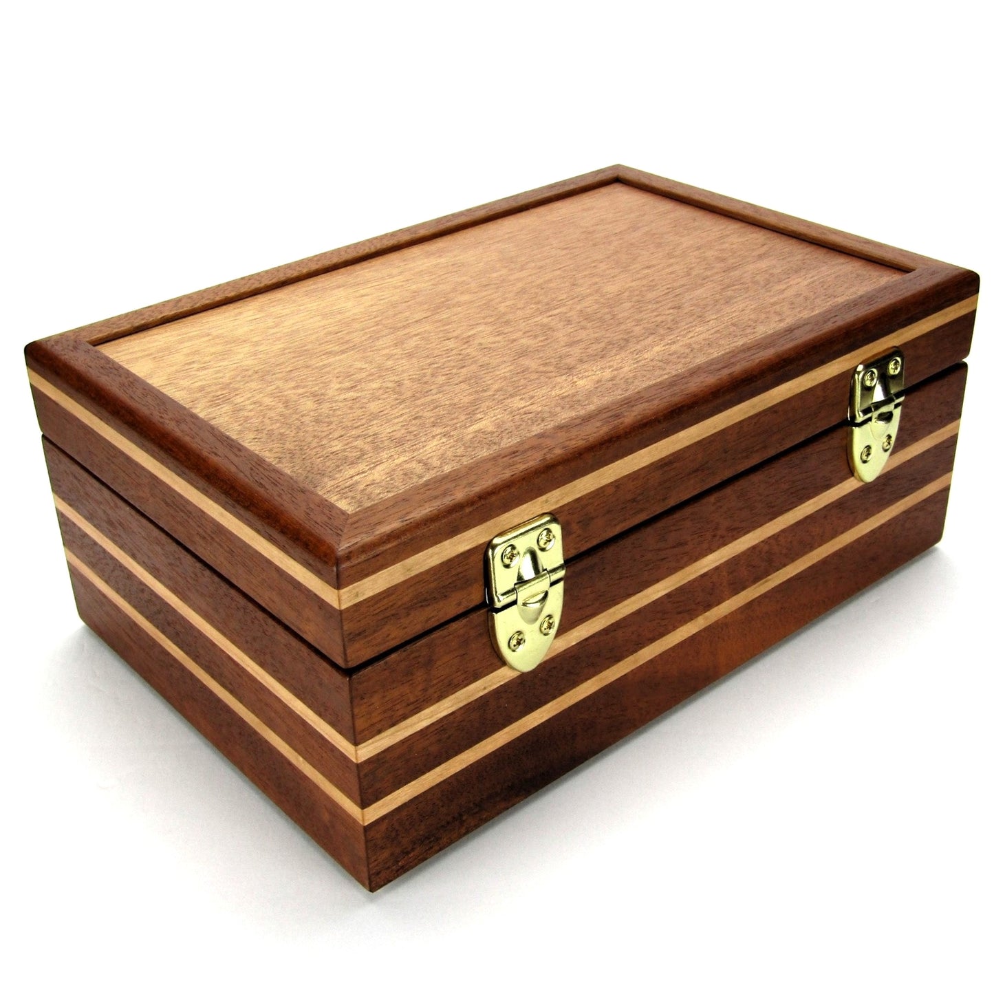 Back view of handmade wood jewelry box crafted from mahogany, cherry, and mahogany veneer by A Finer Cut Woodwork.