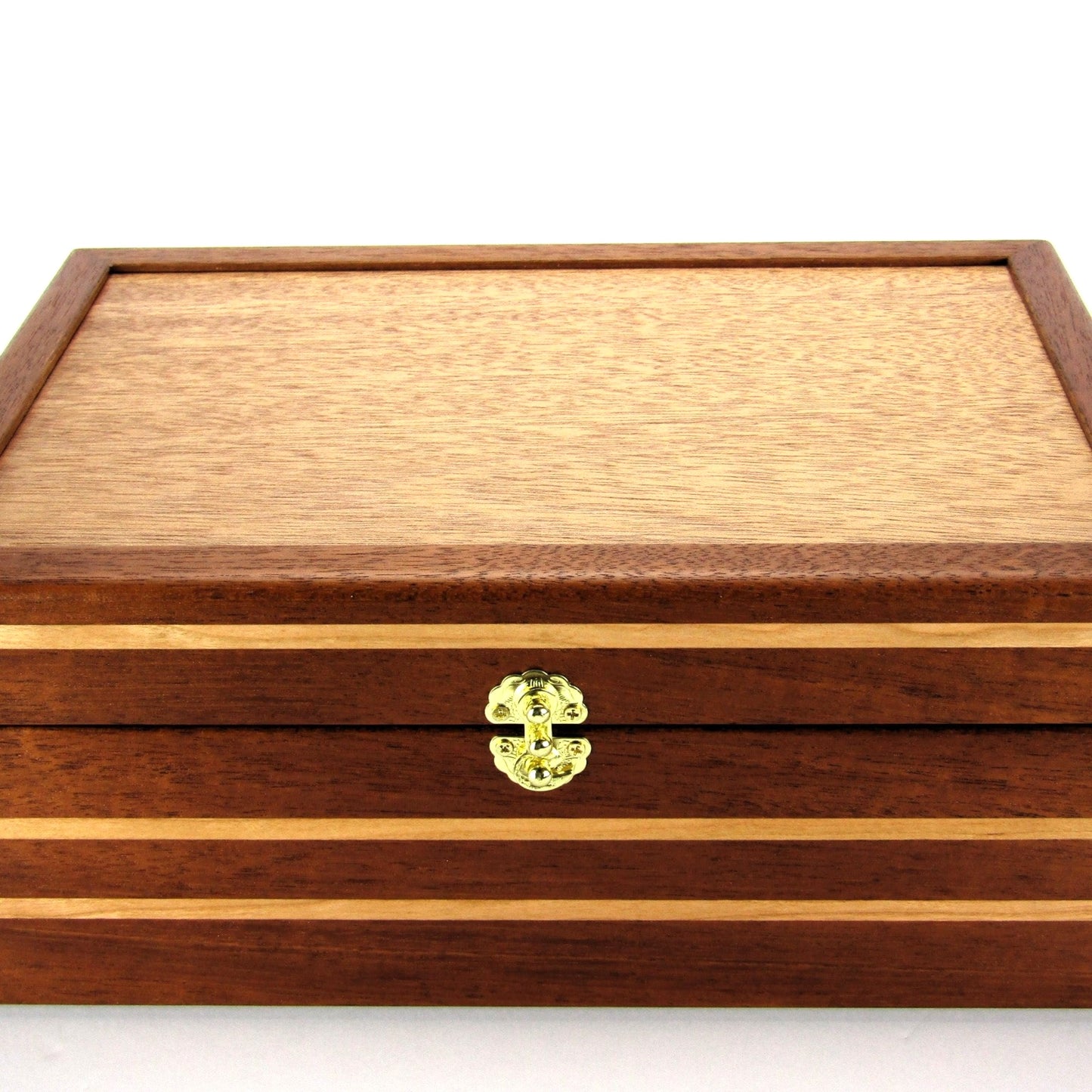 Front view of handmade wood jewelry box crafted from mahogany, cherry, and mahogany veneer by A Finer Cut Woodwork.