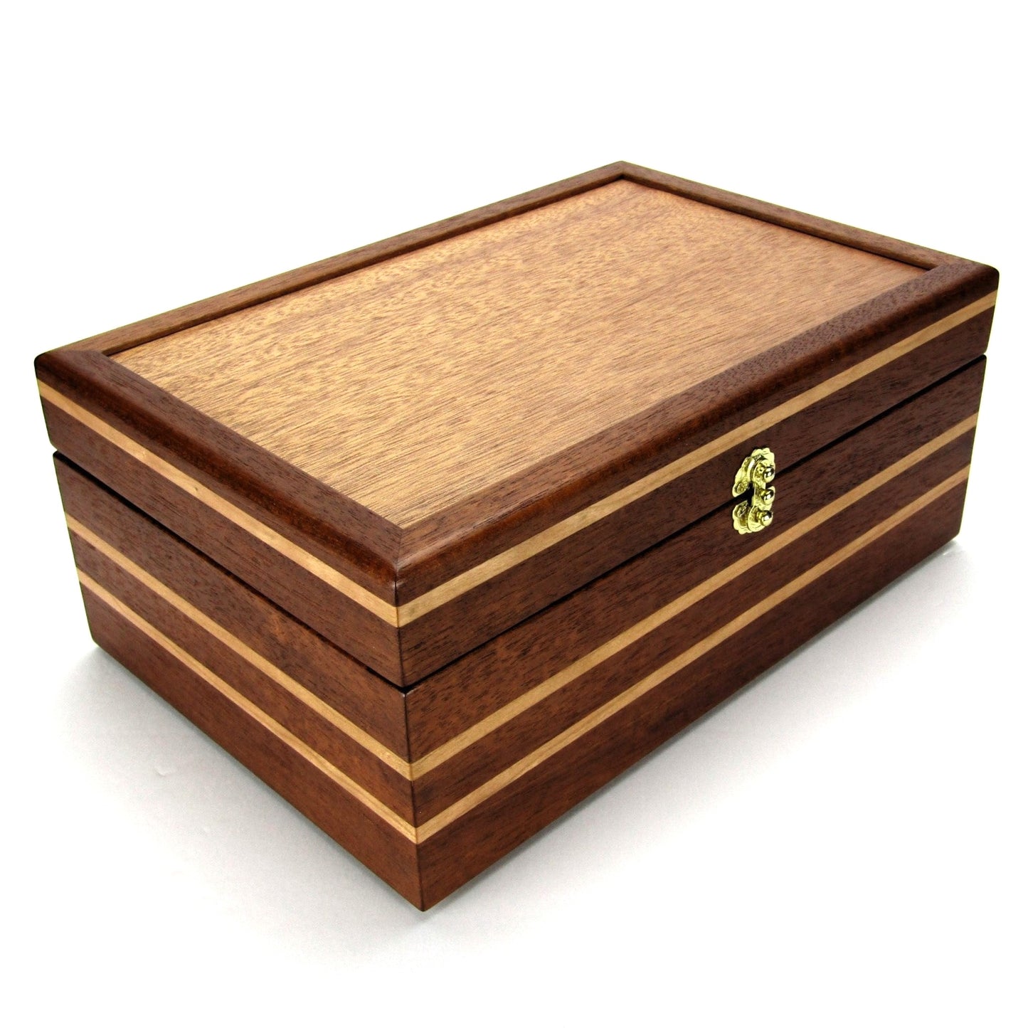 Full view corner of handmade wood jewelry box crafted from mahogany, cherry, and mahogany veneer by A Finer Cut Woodwork.