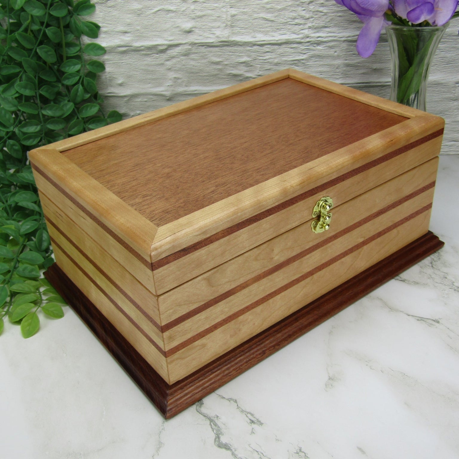 Thumbnail of handmade wood jewelry box crafted from cherry with Brazilian cherry inlays by A Finer Cut Woodwork.