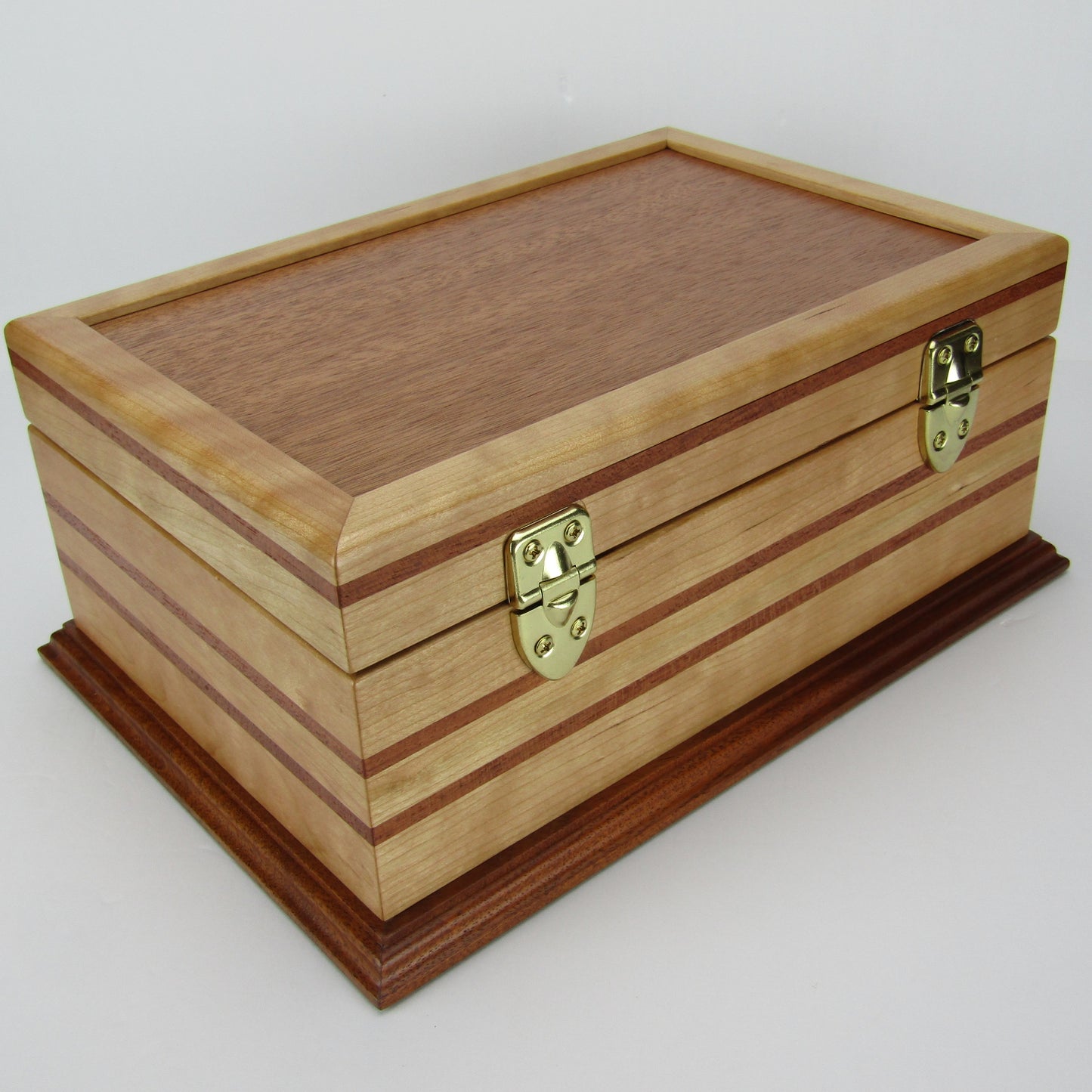 Back view of handmade wood jewelry box crafted from cherry with Brazilian cherry inlays by A Finer Cut Woodwork.