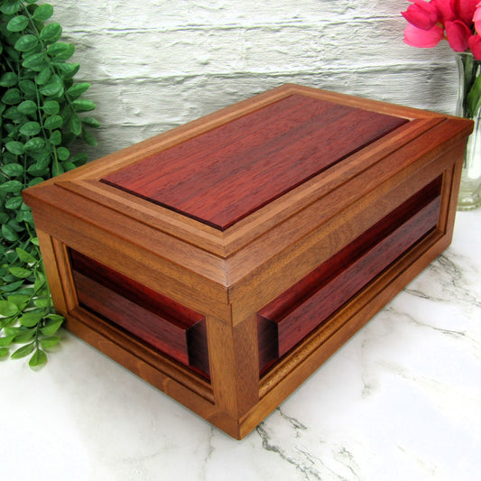 Thumbnail of handmade wooden box crafted from Honduran mahogany, padauk and pear wood by A Finer Cut Woodwork.