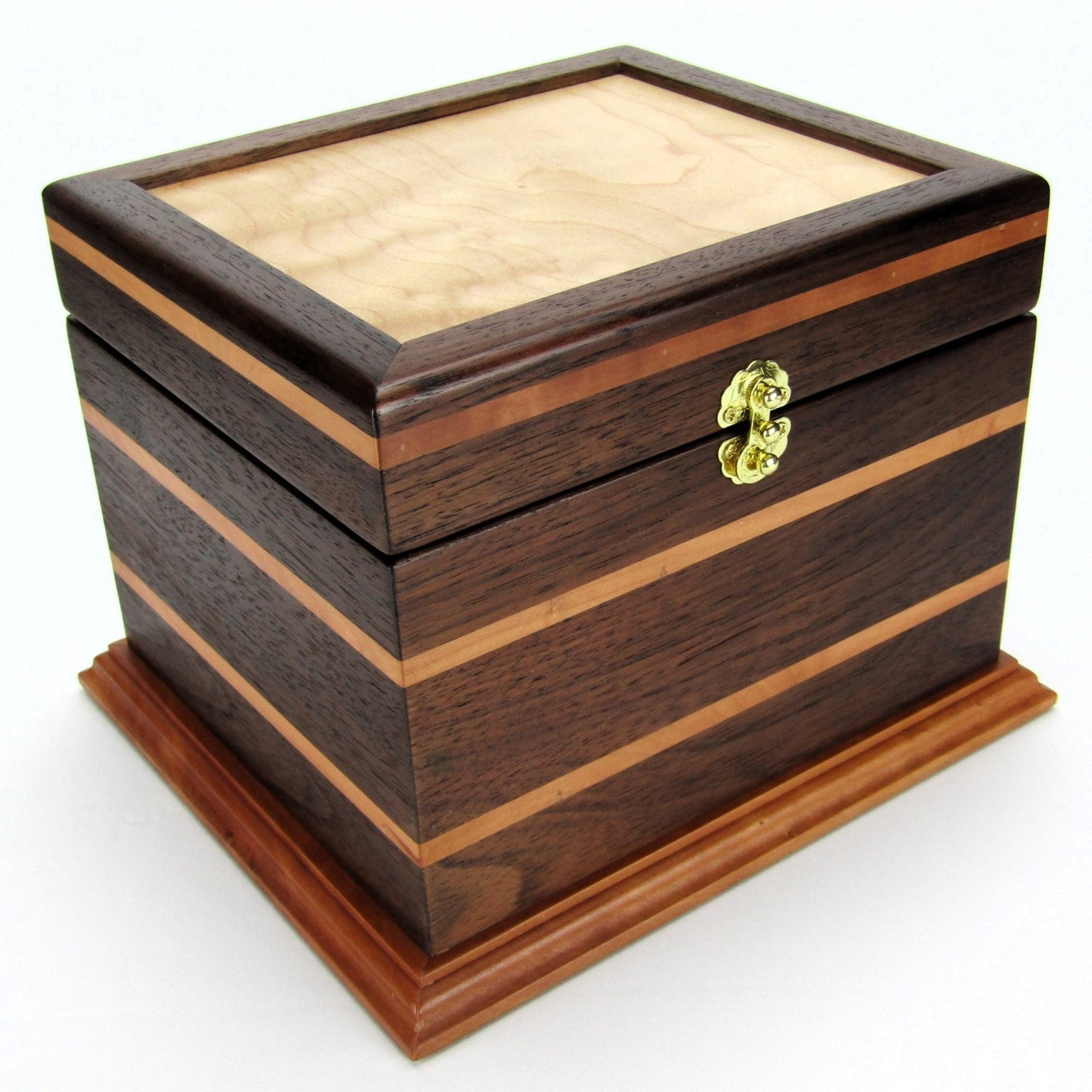 Full corner of keepsake memory box handmade from Peruvian walnut and pear wood by A Finer Cut Woodwork.