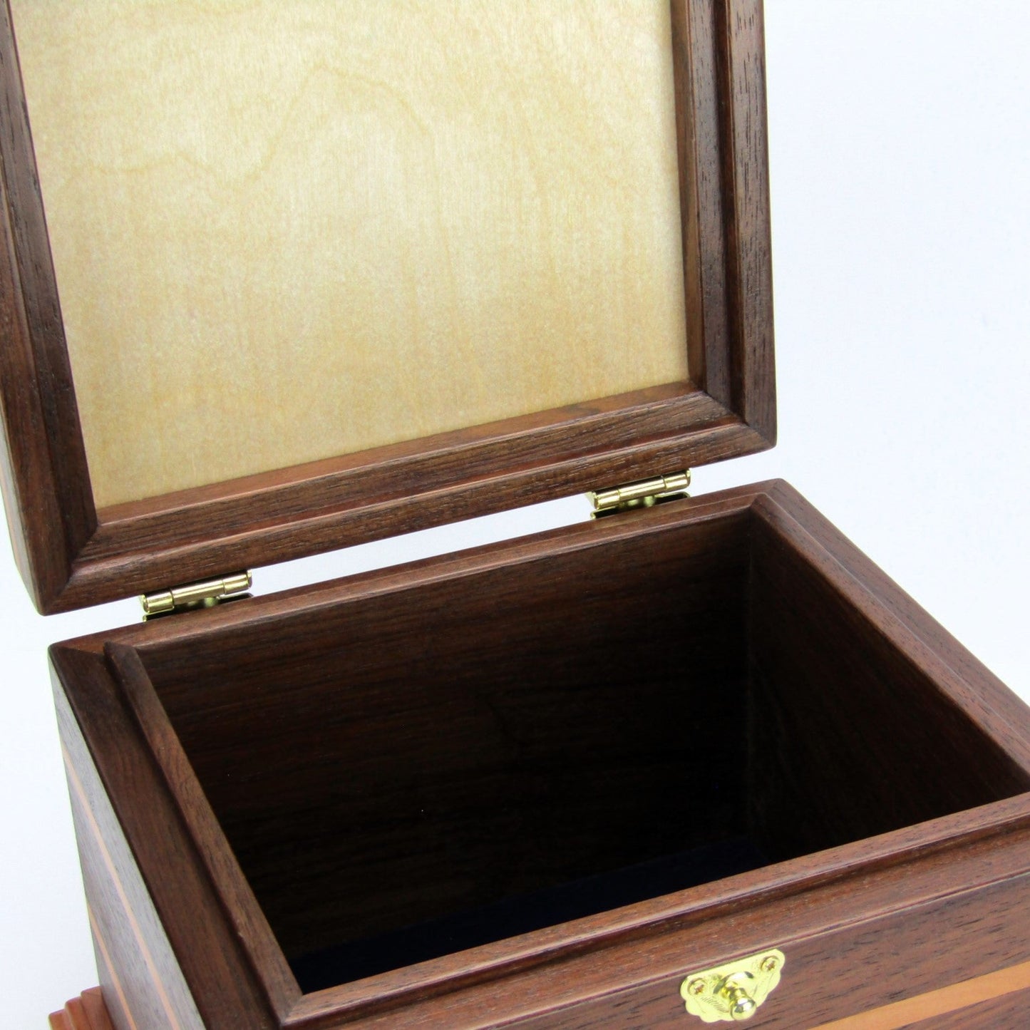 Interior view of keepsake memory box handmade from Peruvian walnut and pear wood by A Finer Cut Woodwork.