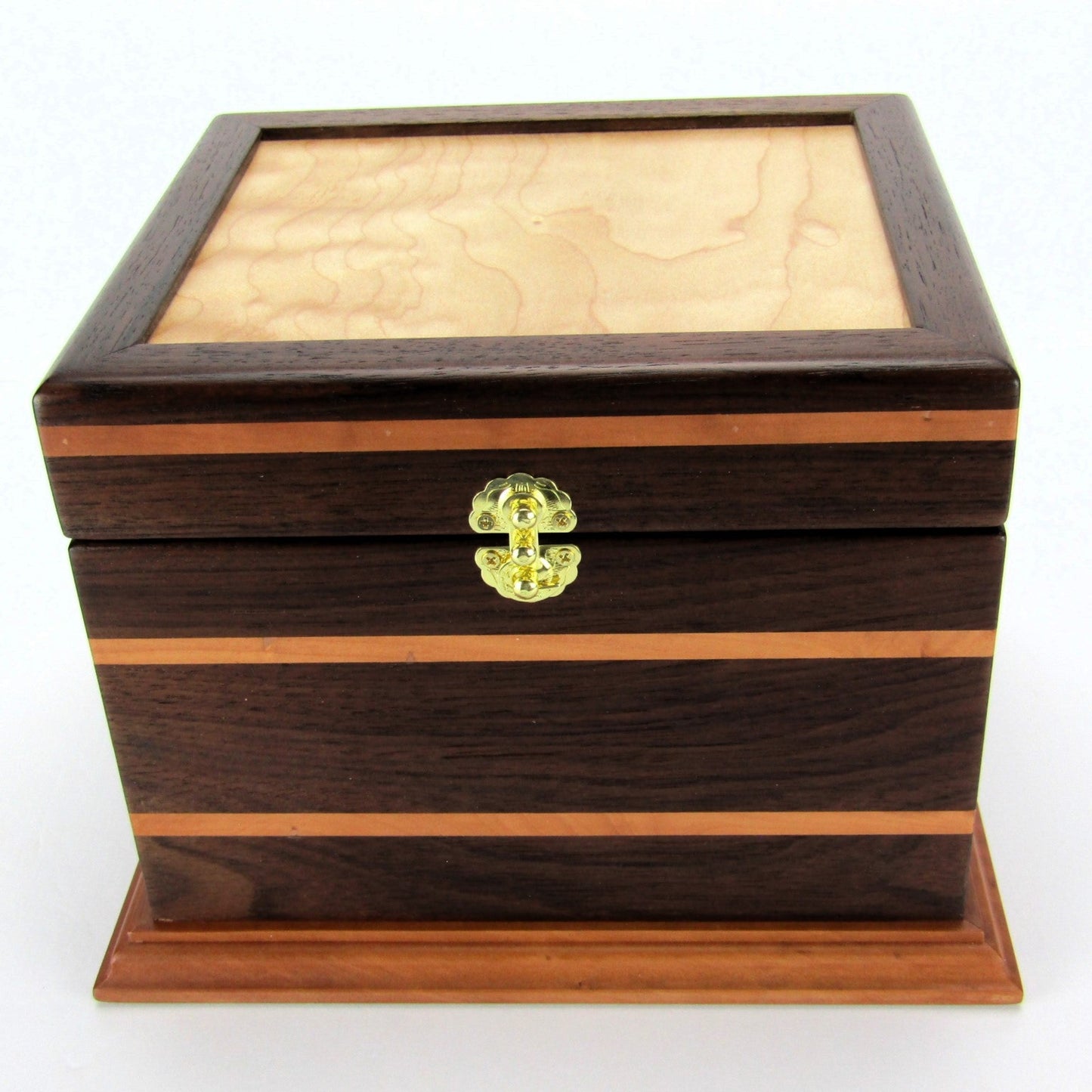 Front view of keepsake memory box handmade from Peruvian walnut and pear wood by A Finer Cut Woodwork.