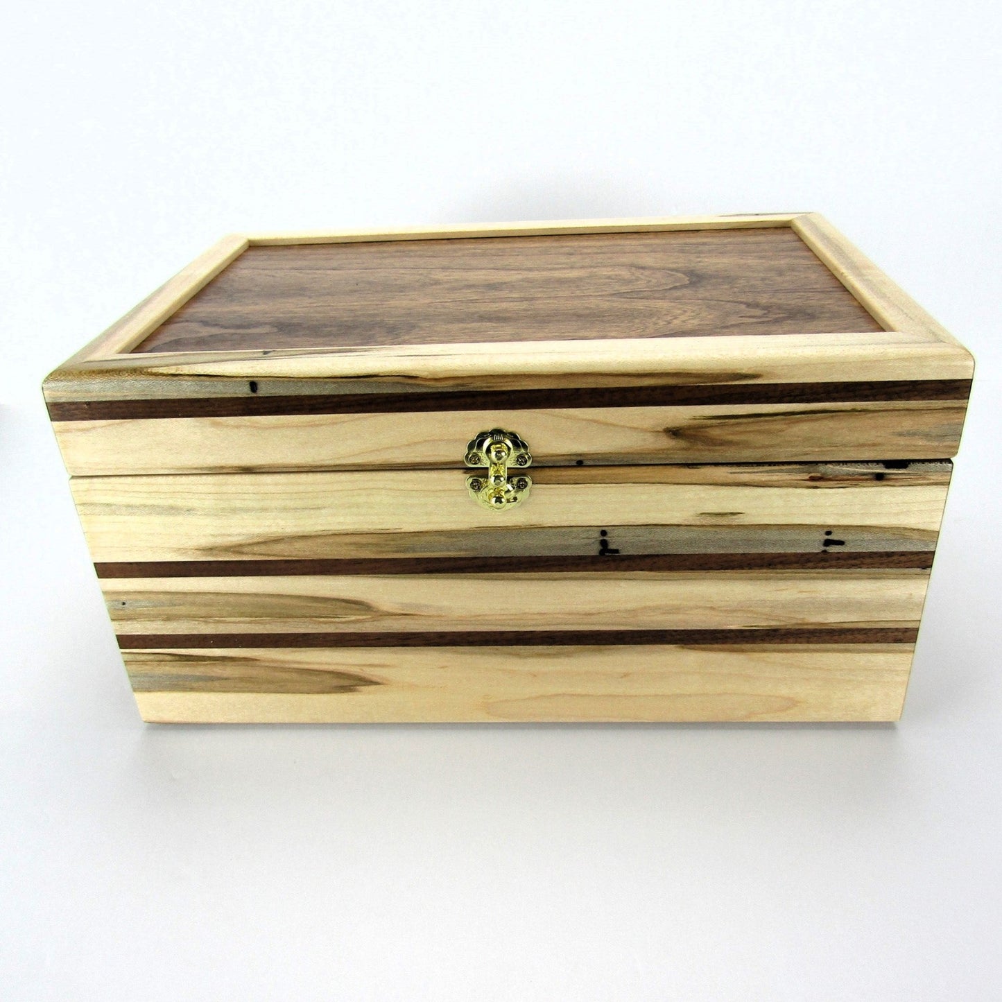 Front view of large keepsake box handmade from ambrosia maple and walnut by A Finer Cut Woodworking.