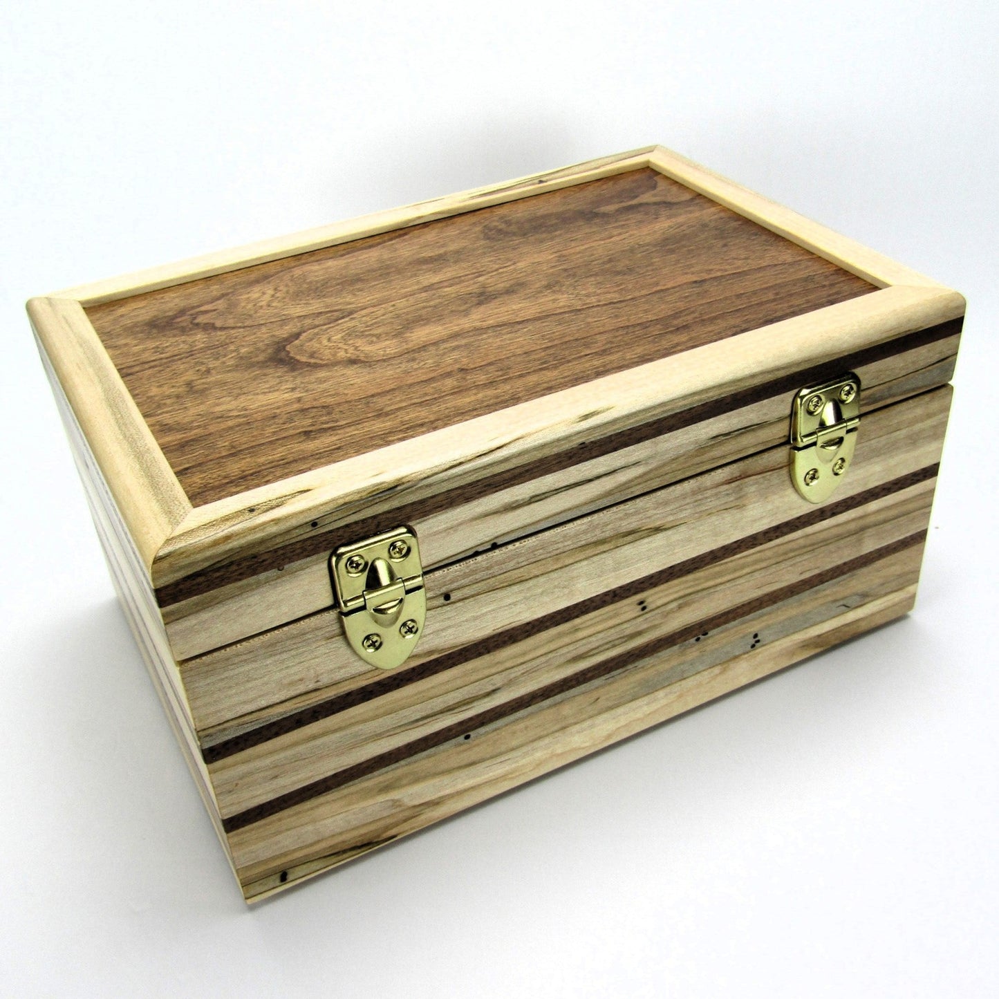 Back view of large keepsake box handmade from ambrosia maple and walnut by A Finer Cut Woodworking.