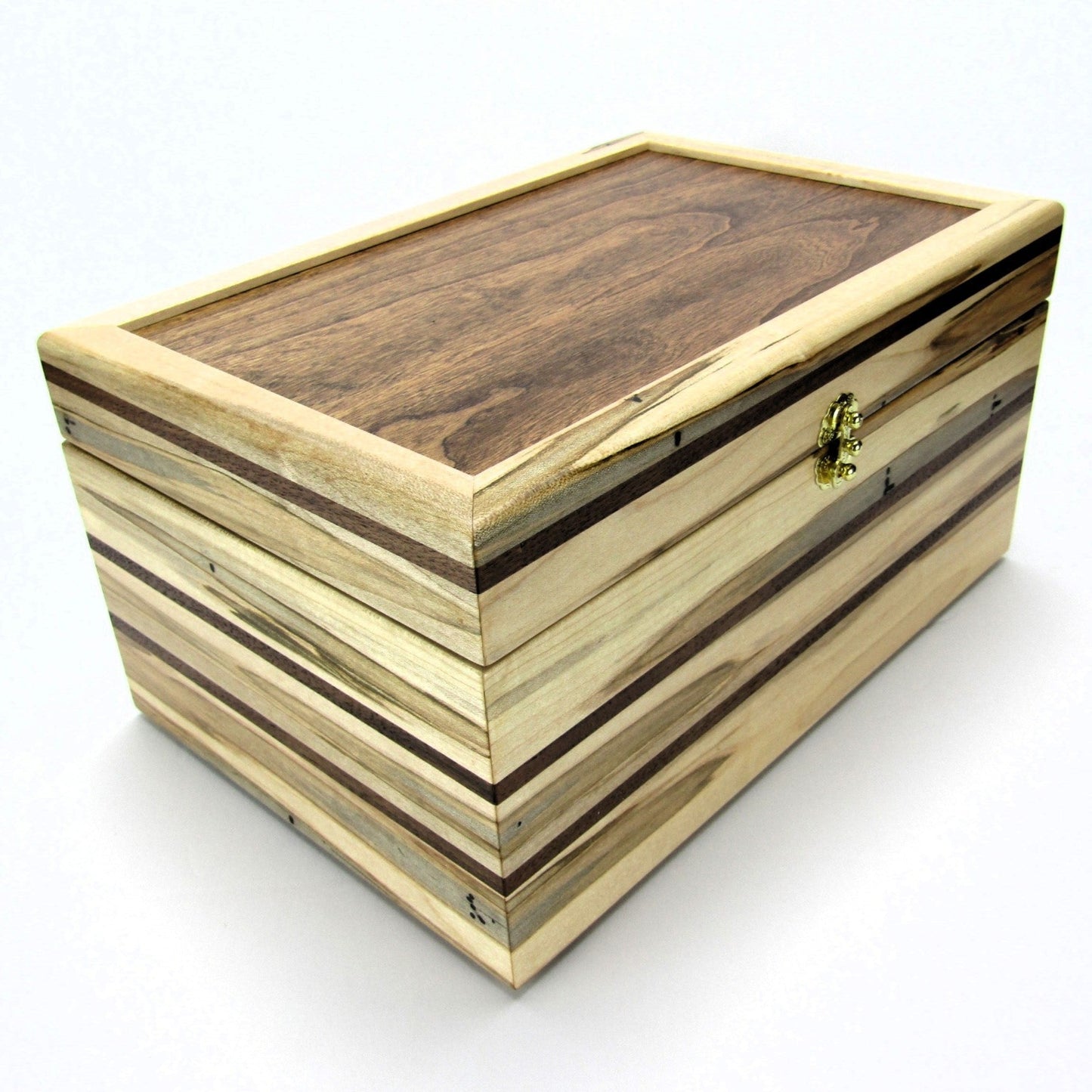 Full view corner of large keepsake box handmade from ambrosia maple and walnut by A Finer Cut Woodworking.