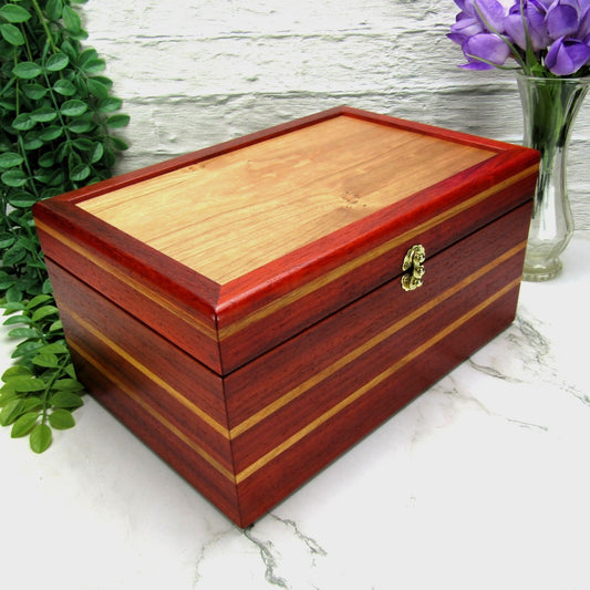 Thumbnail of large memory box handmade from padauk and canary wood by A Finer Cut Woodworking.