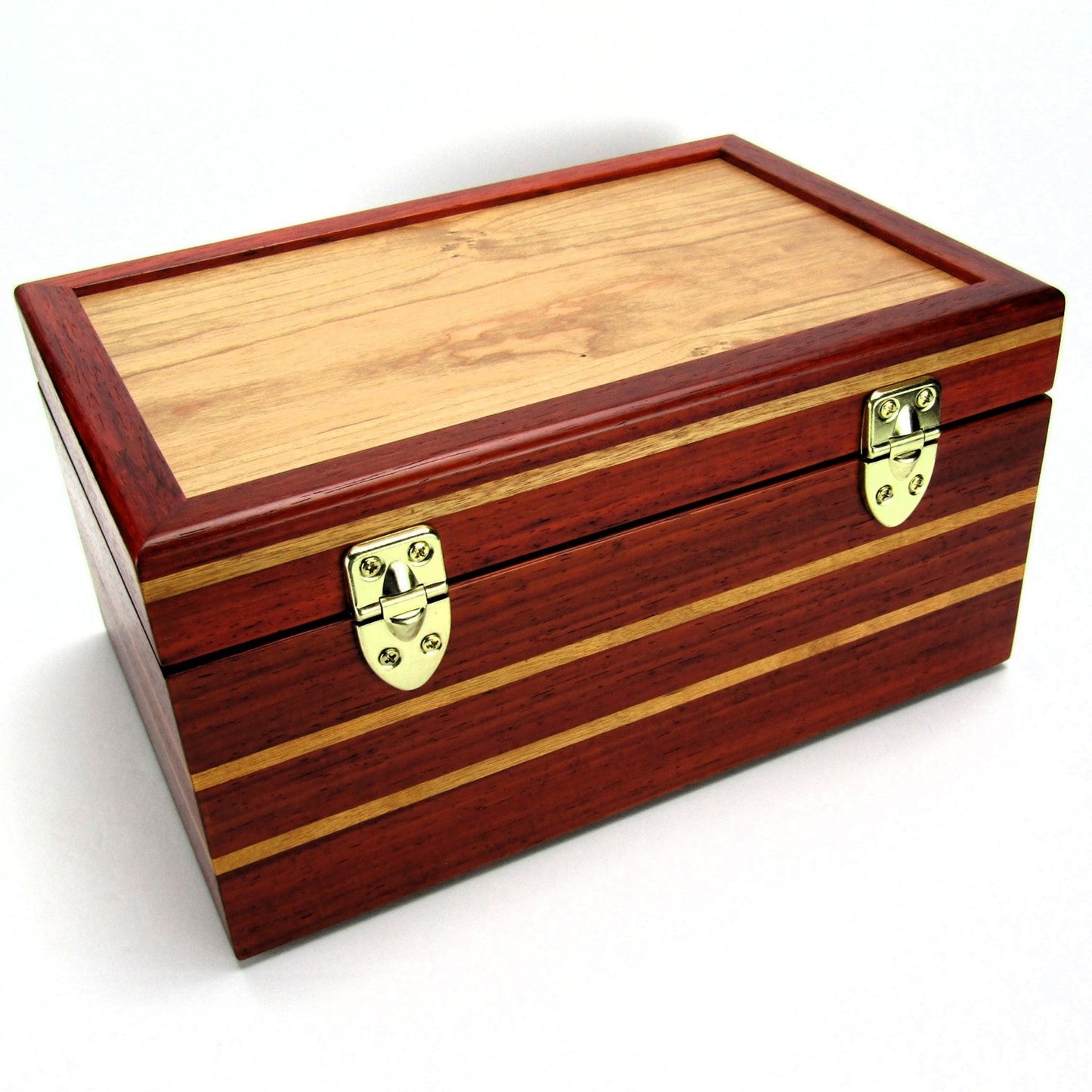 Back view of large memory box handmade from padauk and canary wood by A Finer Cut Woodworking.