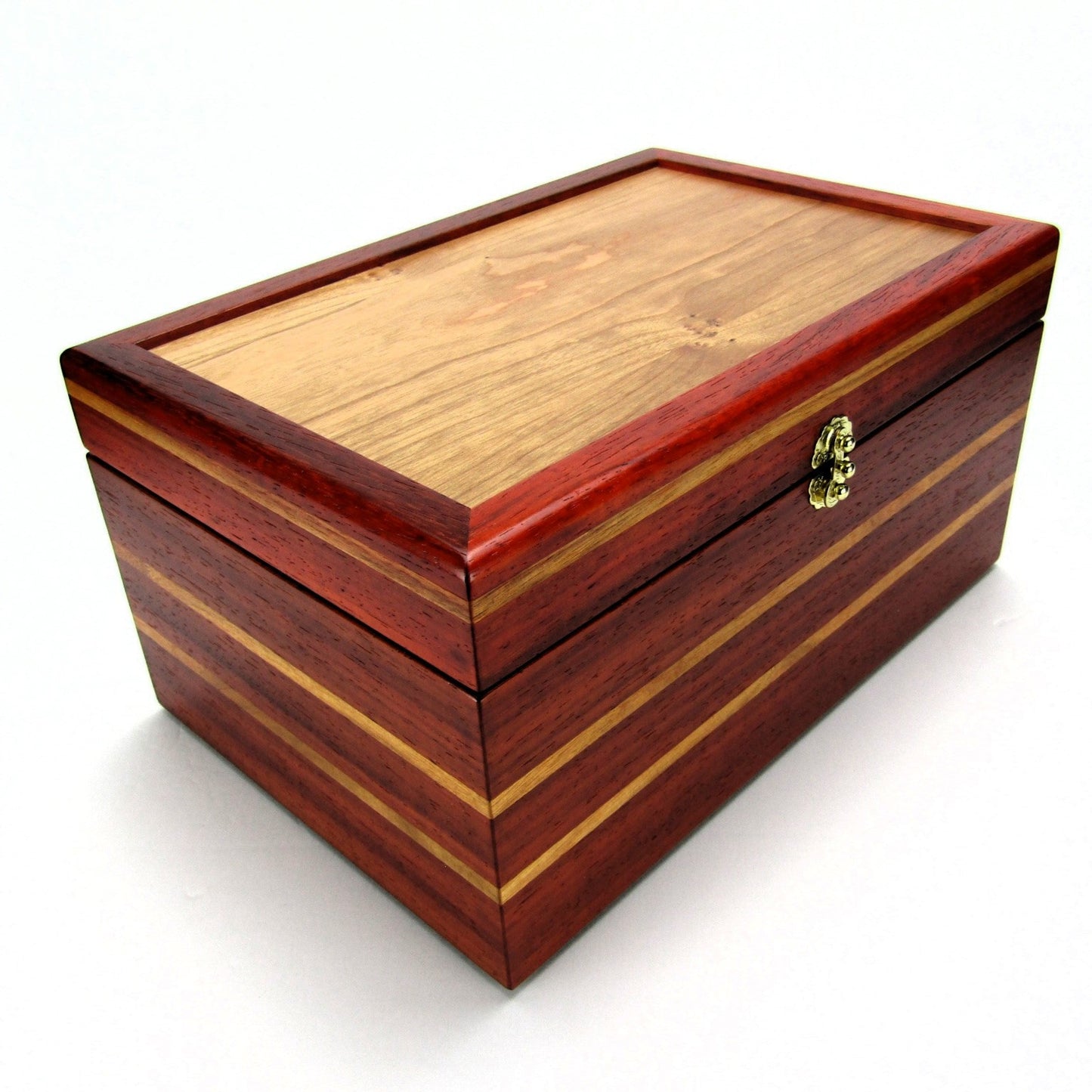 Full view corner of large memory box handmade from padauk and canary wood by A Finer Cut Woodworking.
