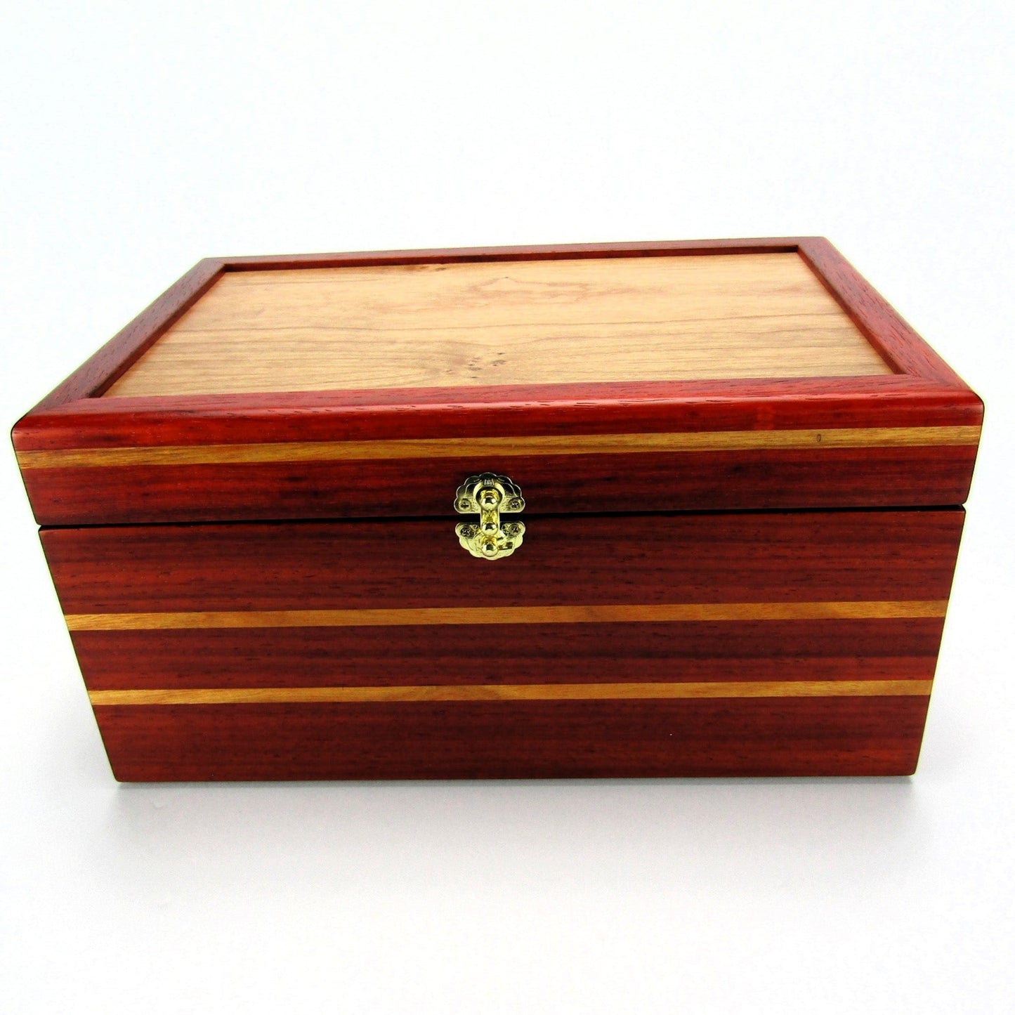 Front view of large memory box handmade from padauk and canary wood by A Finer Cut Woodworking.