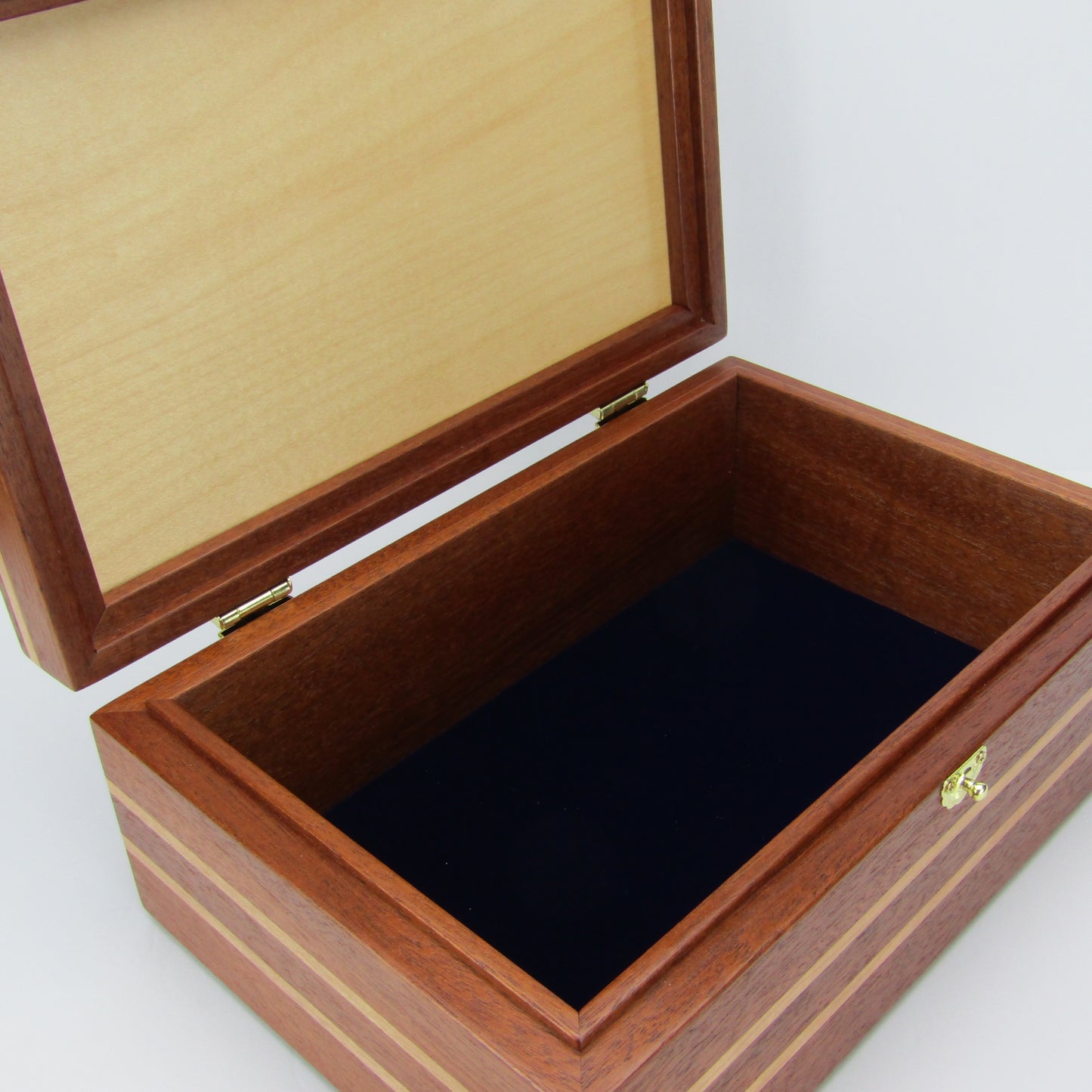 Interior view of unique memorial box handcrafted from Honduran mahogany and cherry by A Finer Cut Woodworking.