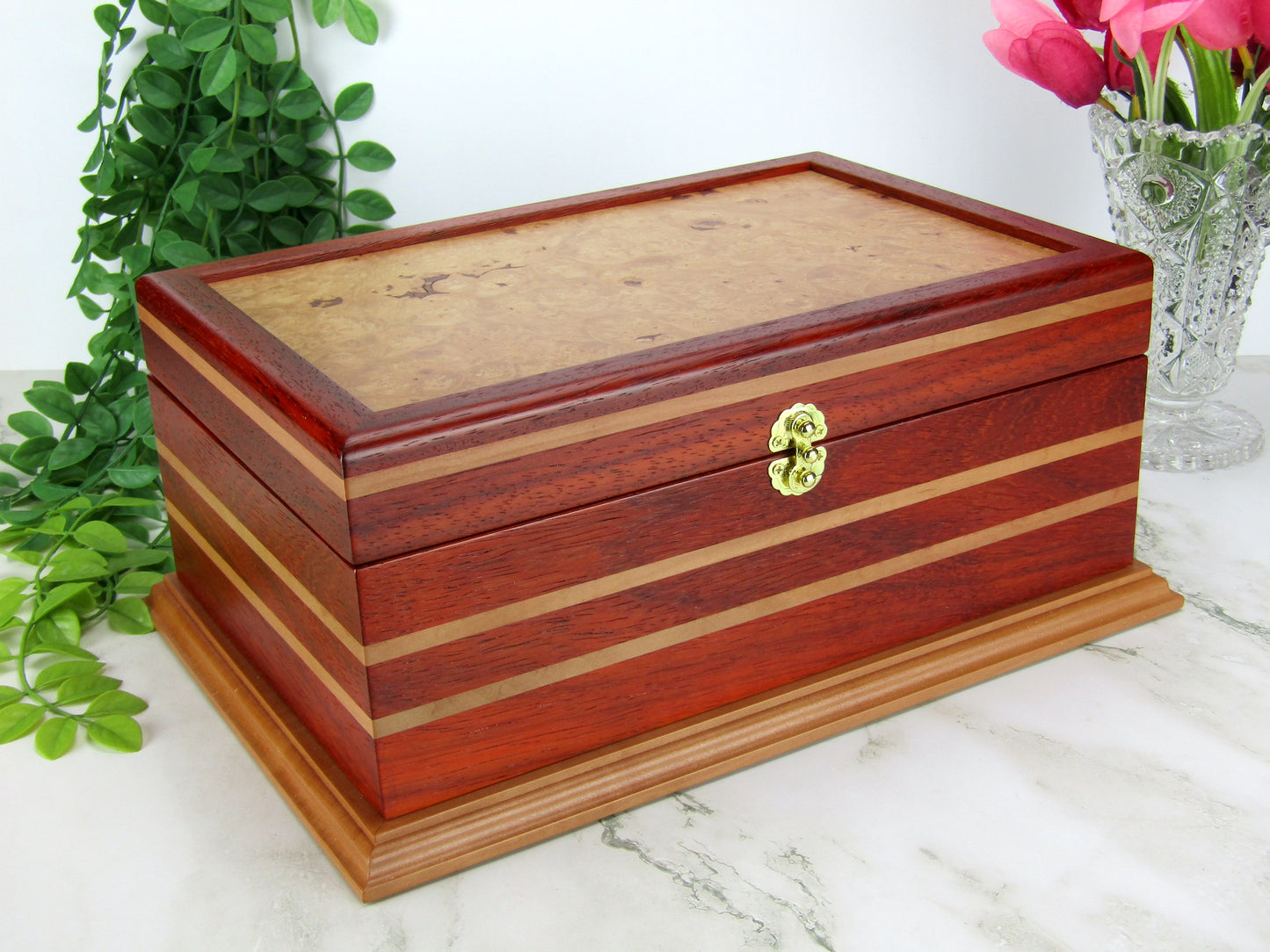Thumbnail of unique memorial keepsake box handmade from red padauk and pear wood by A Finer Cut Woodworking.