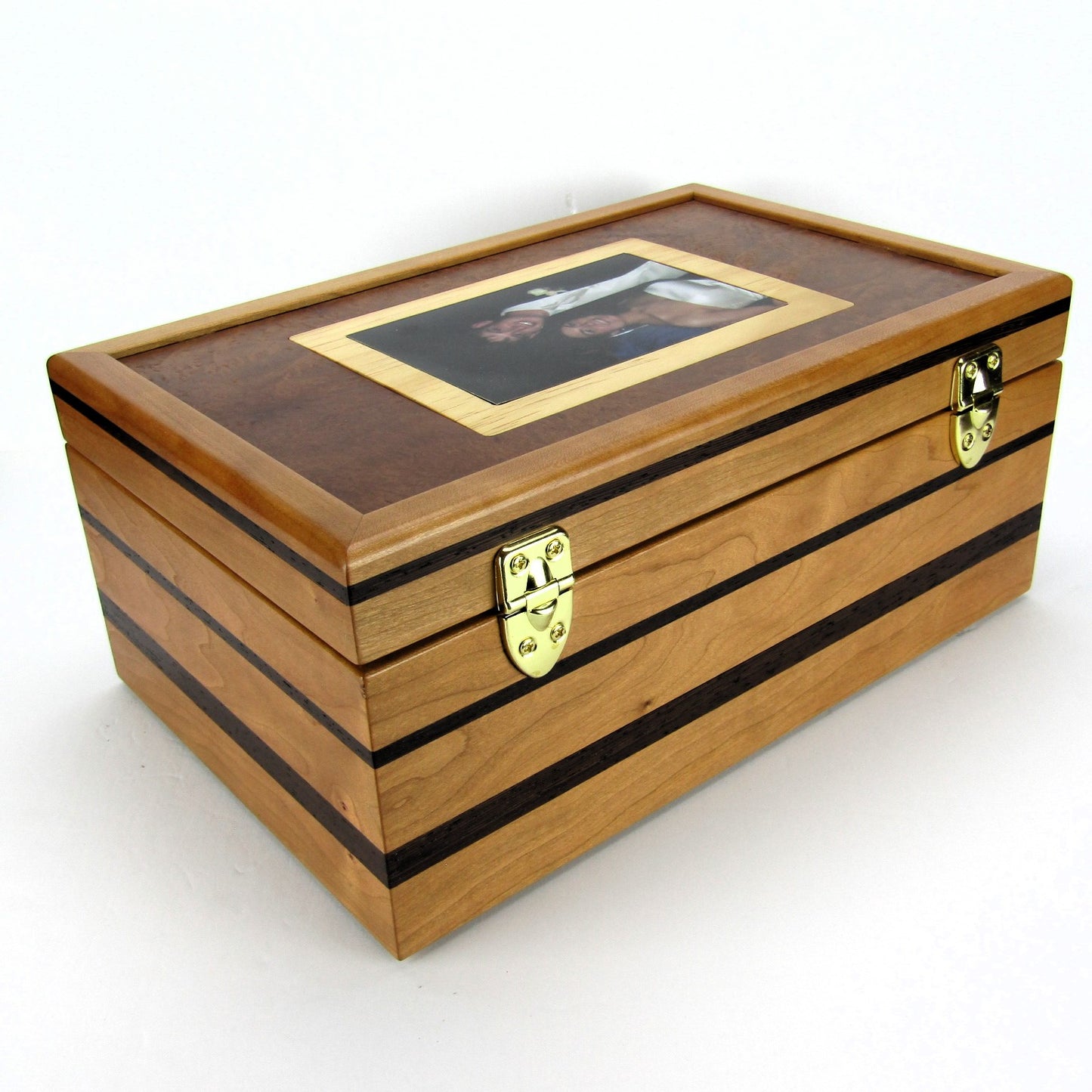 Back view of memory box handcrafted from cherry, wenge, and mahogany burl veneer by A Finer Cut Woodworking.