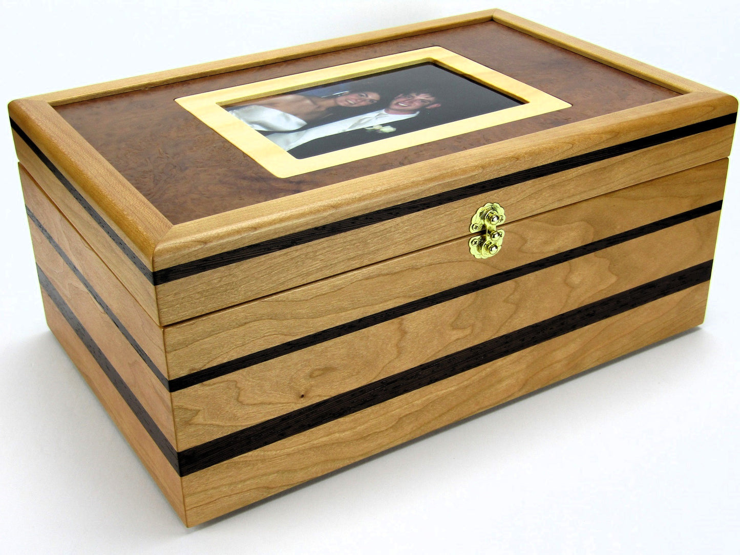 Full corner view of memory box handcrafted from cherry, wenge, and mahogany burl veneer by A Finer Cut Woodworking.