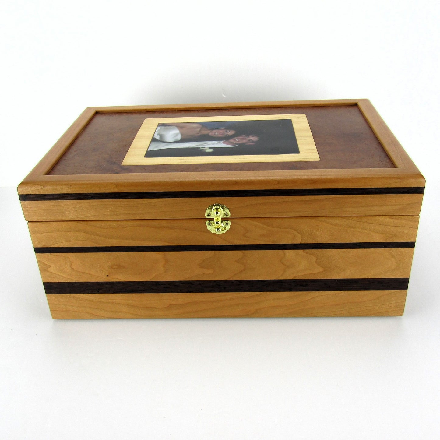 Front view of memory box handcrafted from cherry, wenge, and mahogany burl veneer by A Finer Cut Woodworking.