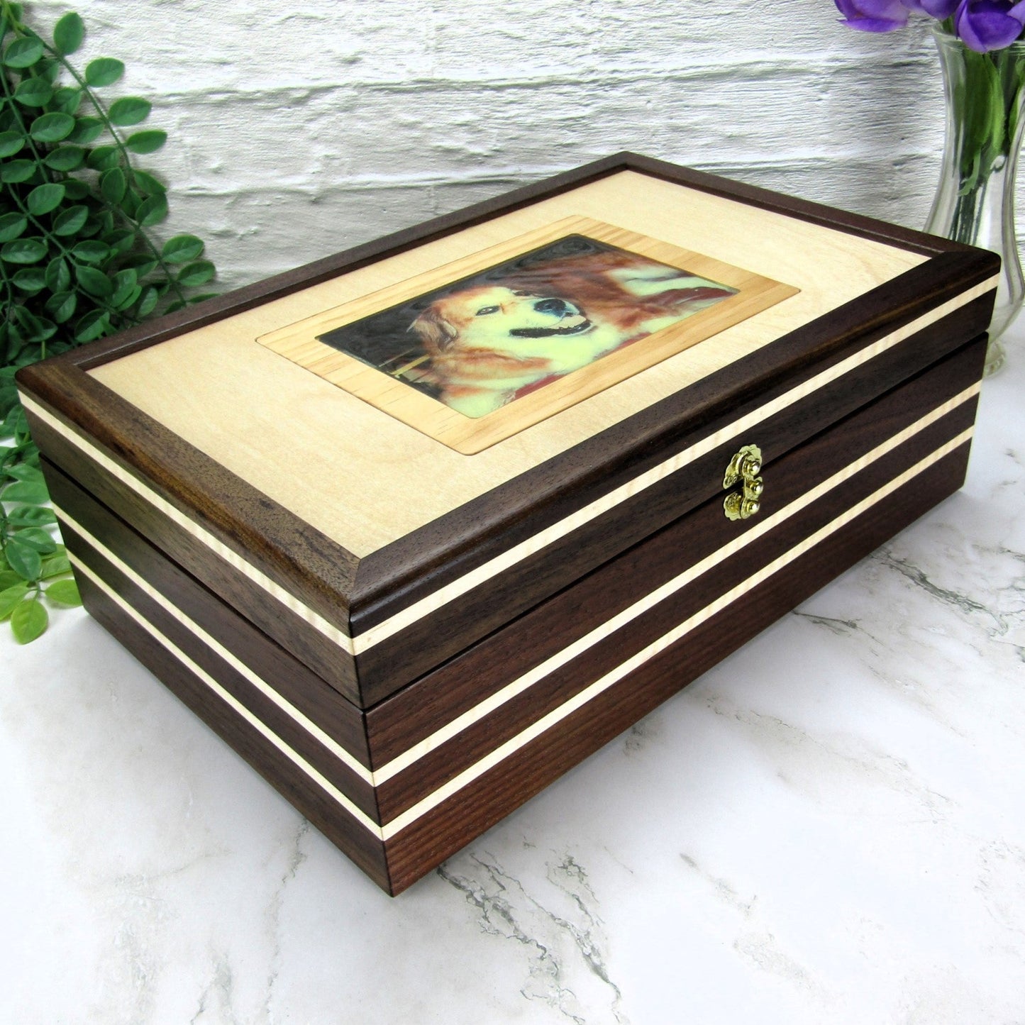 Thumbnail of pet memory box with photo lid handmade from Peruvian walnut and curly maple by A Finer Cut Wood.