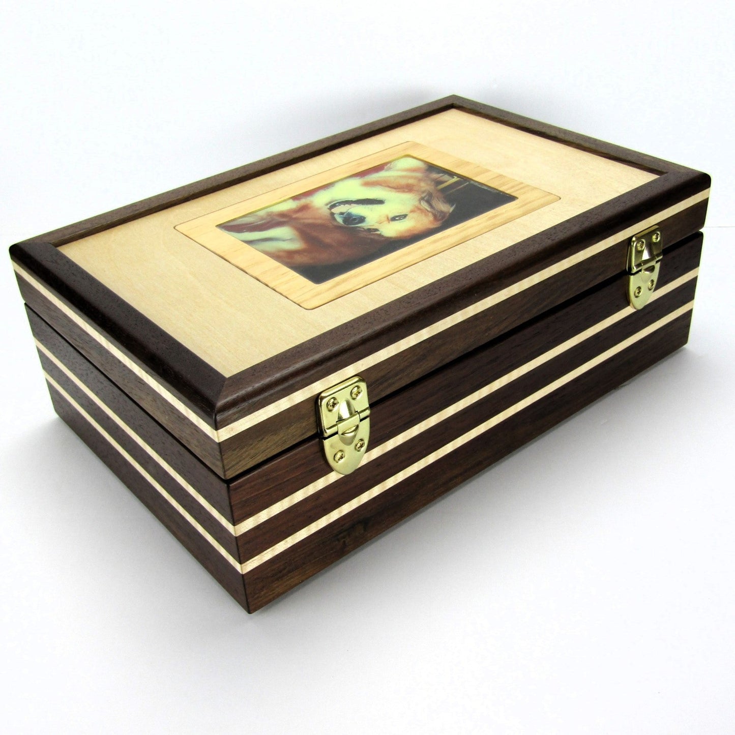 Back view of pet memory box with photo lid handmade from Peruvian walnut and curly maple by A Finer Cut Wood.