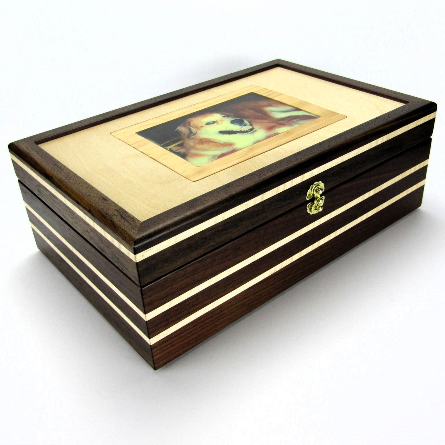 Full view corner of pet memory box with photo lid handmade from Peruvian walnut and curly maple by A Finer Cut Wood.