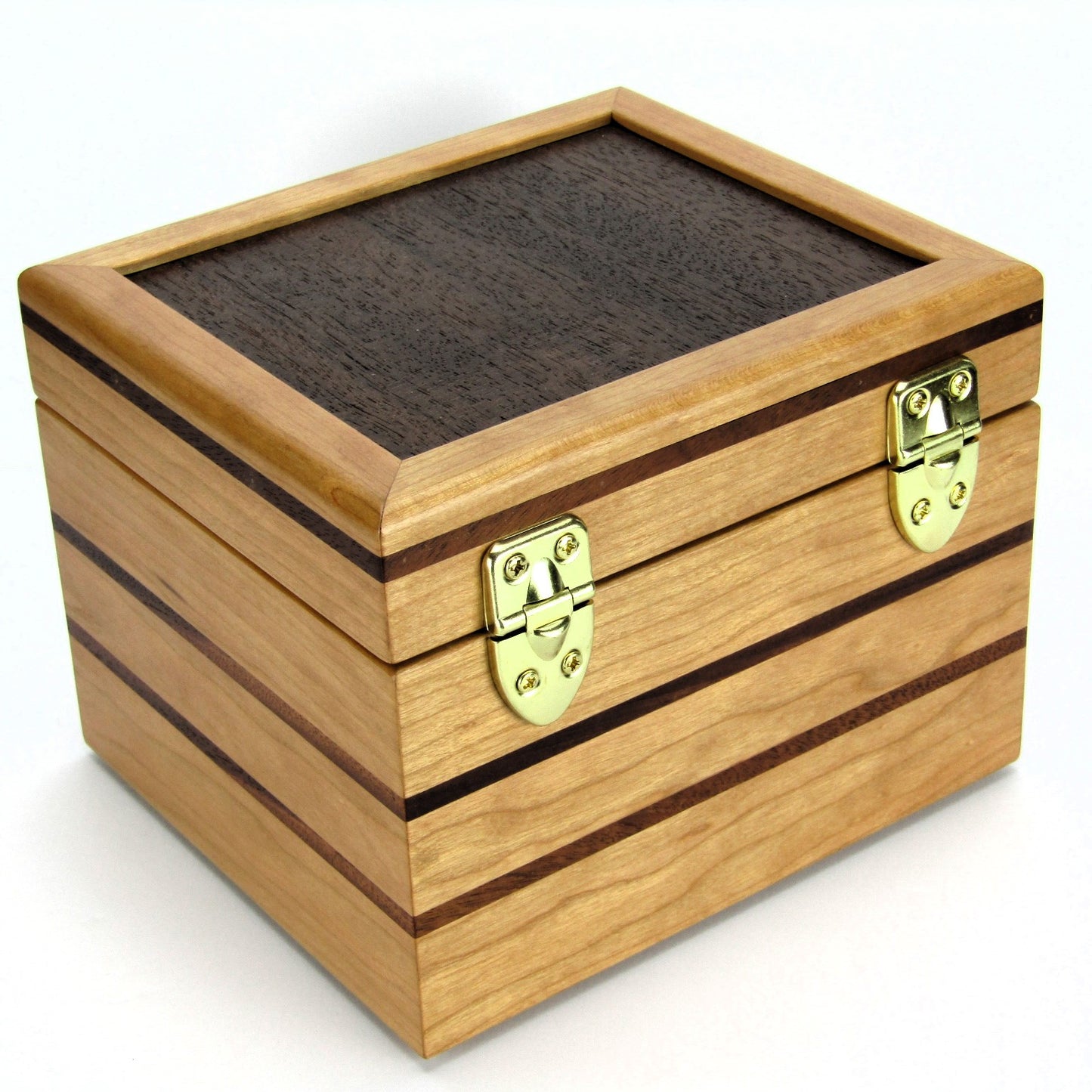 Back view of unique small keepsake box handmade from cherry, mahogany and Peruvian walnut wood by A Finer Cut.