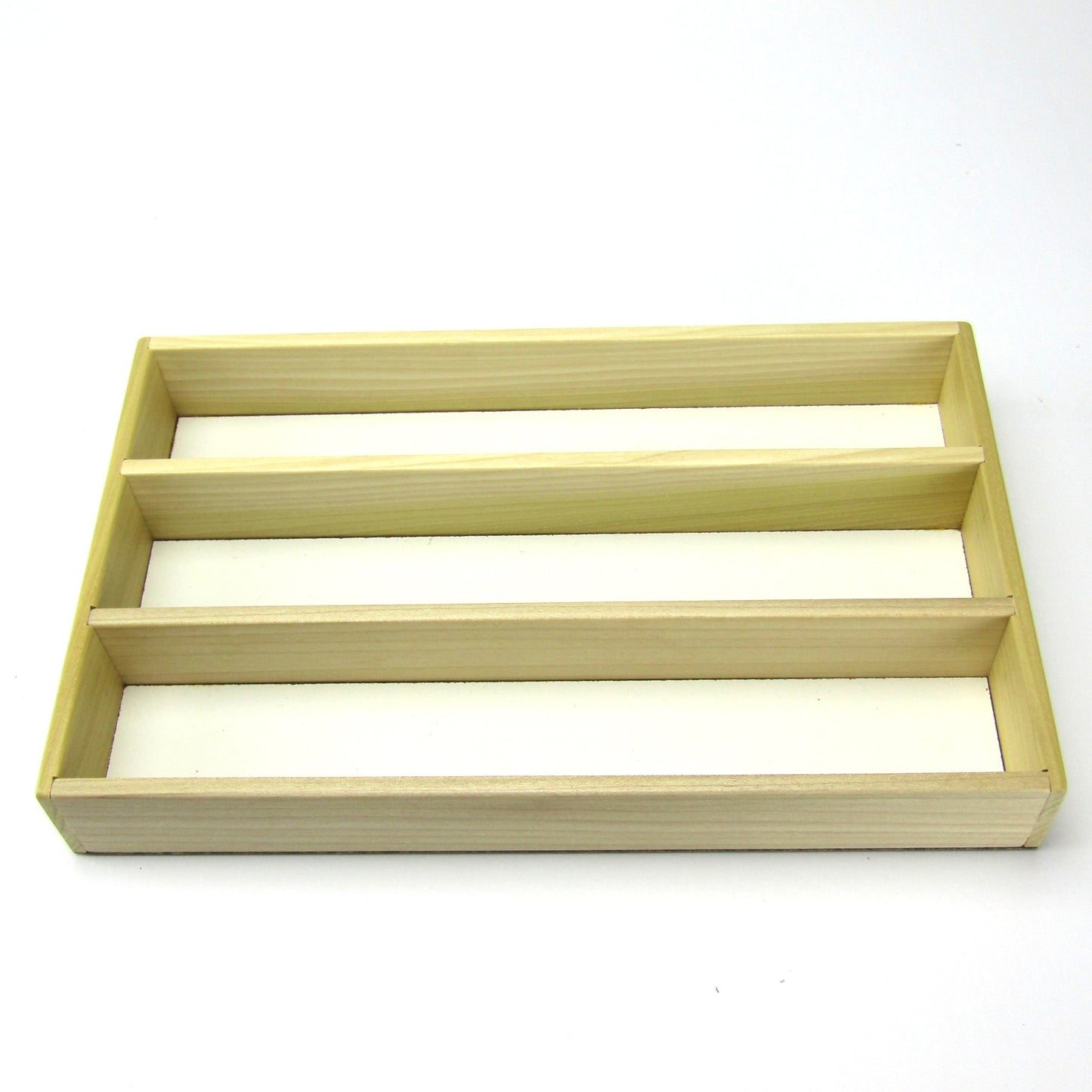 Wooden jewelry tray with 3 long slots handmade from poplar by A Finer Cut Woodwork to fit their 8 by 12 memory box.