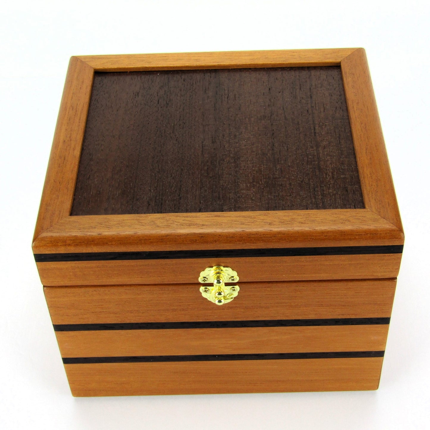 Top view of small wooden memory box handmade from mahogany, wenge and Peruvian walnut by A Finer Cut.