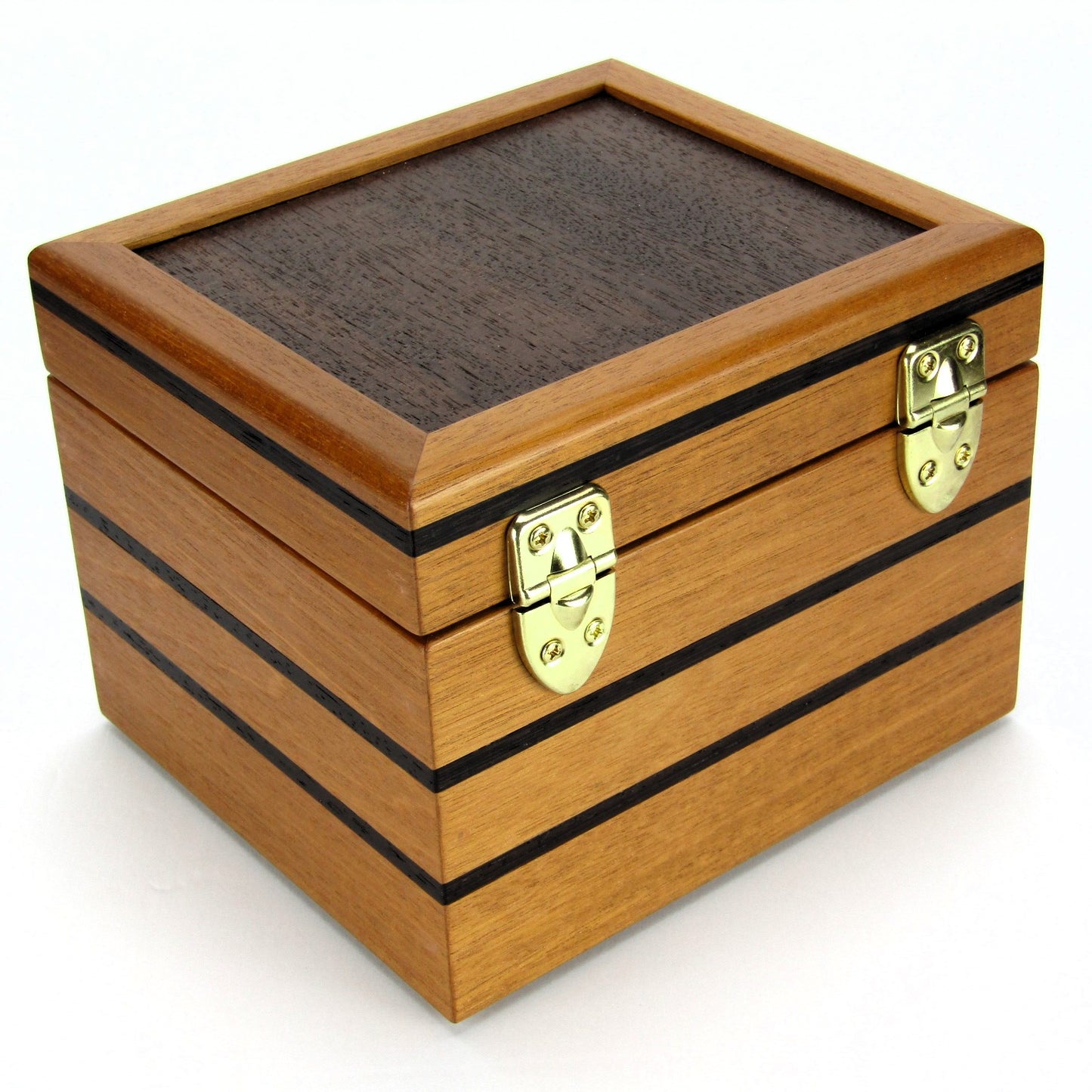 Back view of small wooden memory box handmade from mahogany, wenge and Peruvian walnut by A Finer Cut.