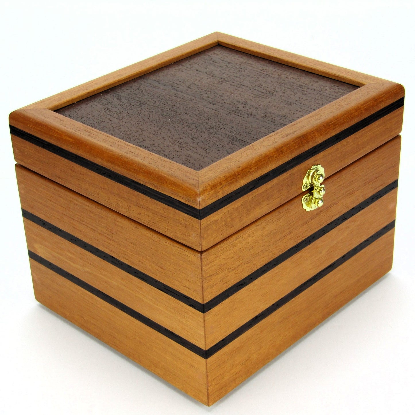 Full view corner of small wooden memory box handmade from mahogany, wenge and Peruvian walnut by A Finer Cut.