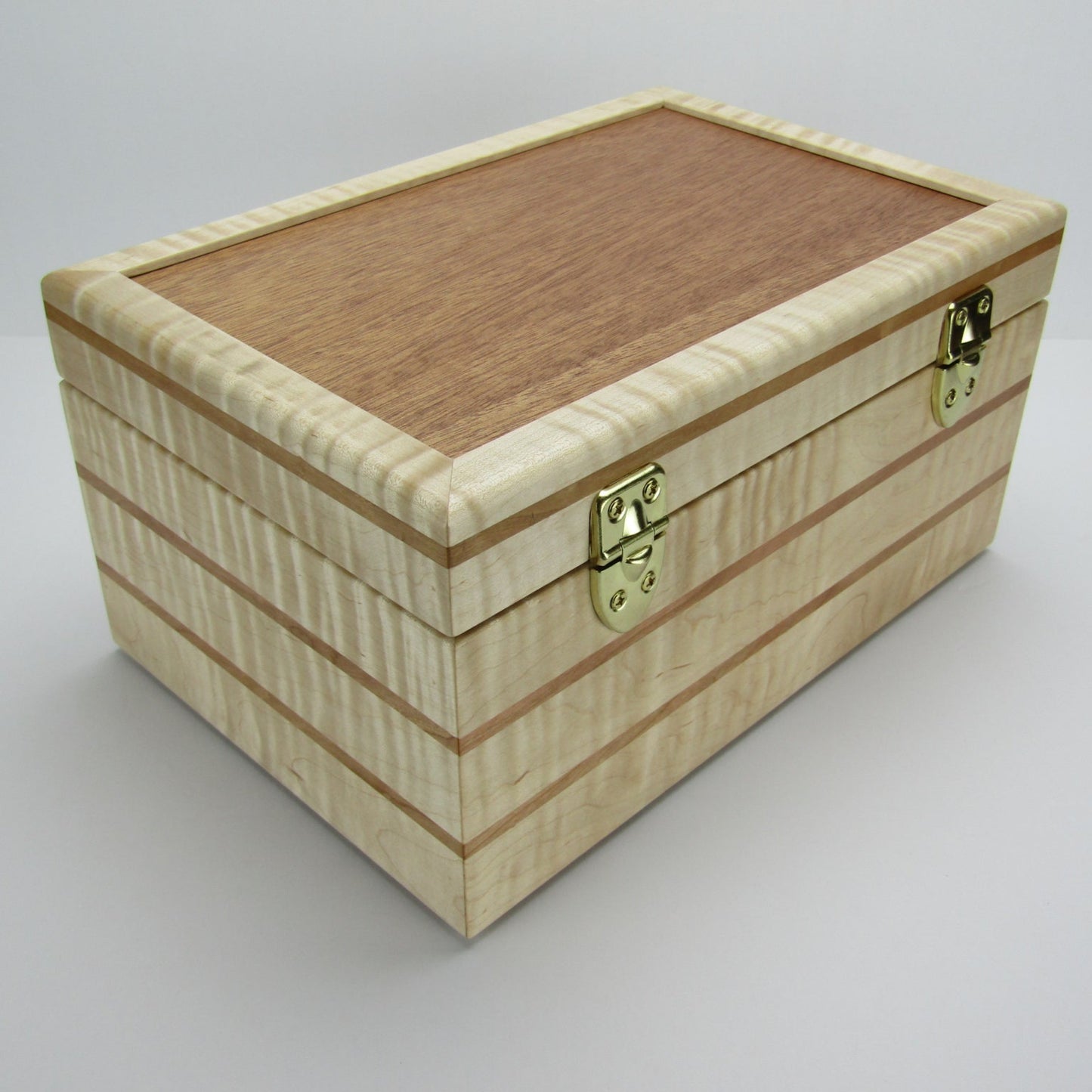 Back view of wooden memory box handmade from curly maple and cherry wood by A Finer Cut Woodworking.
