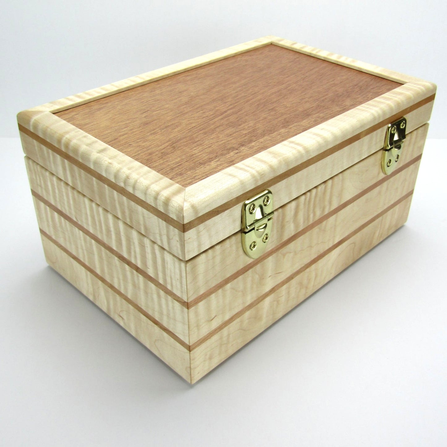Back view of wooden memory box handmade from curly maple and cherry wood by A Finer Cut Woodworking.