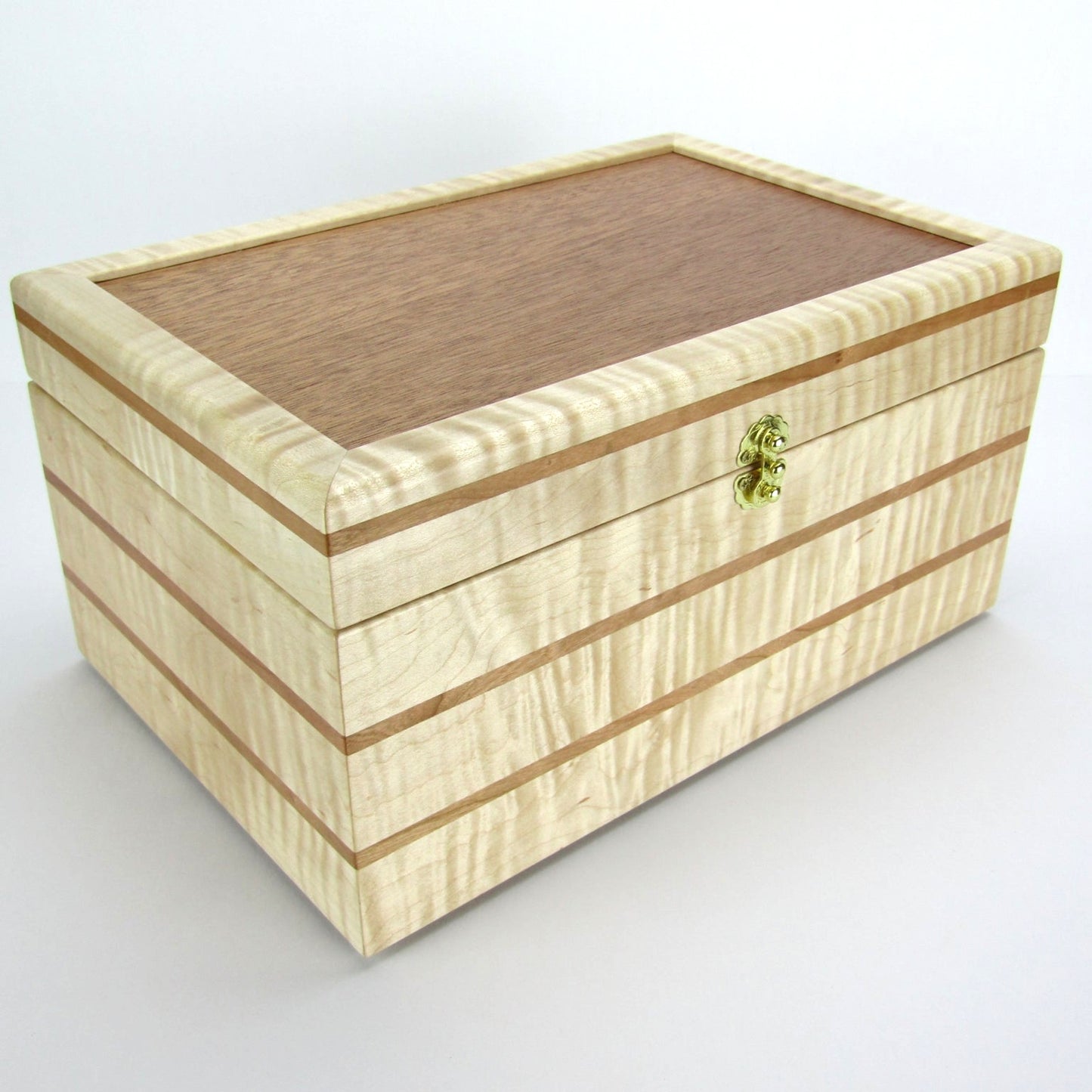Full view corner of wooden memory box handmade from curly maple and cherry wood by A Finer Cut Woodworking.