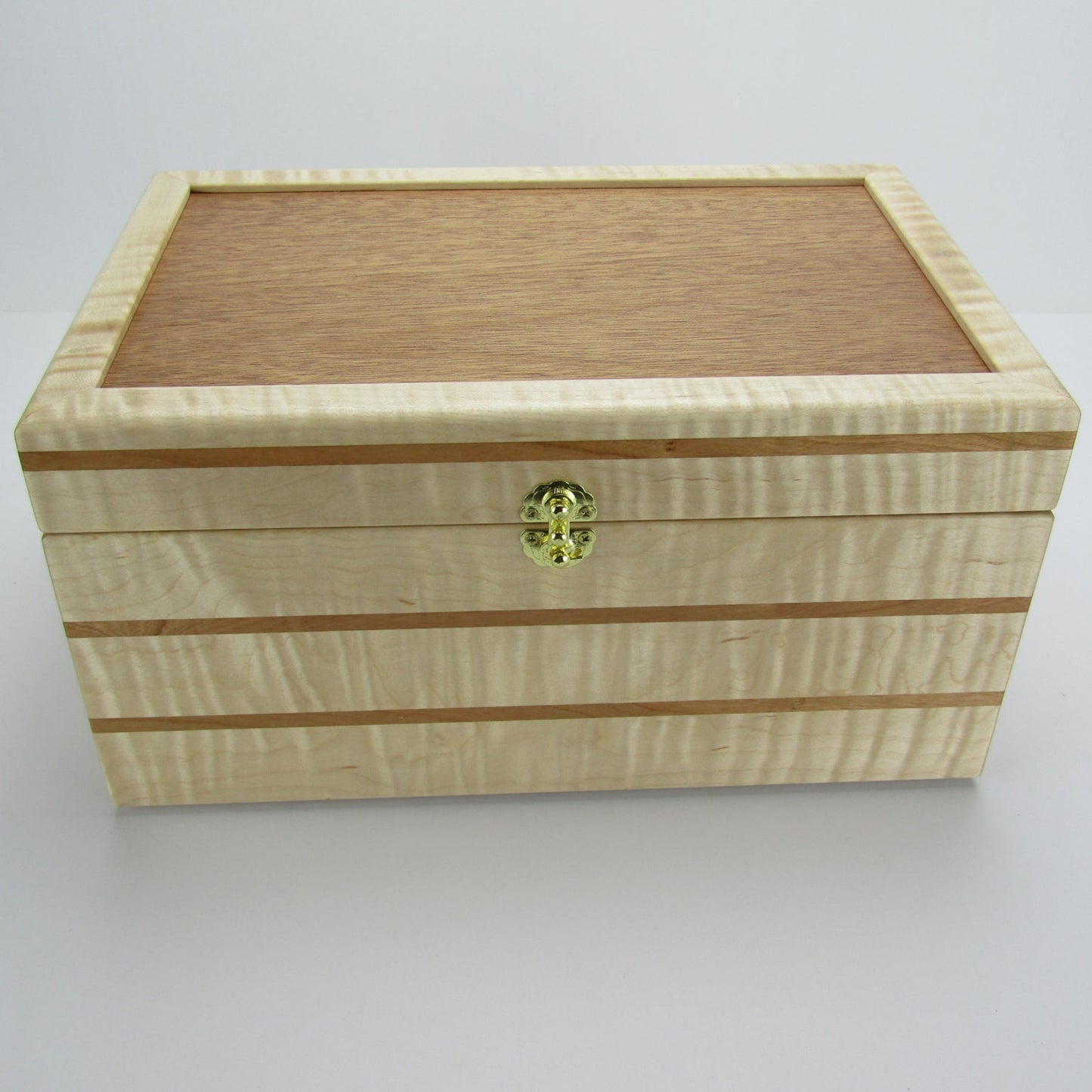 Front view of wooden memory box handmade from curly maple and cherry wood by A Finer Cut Woodworking.