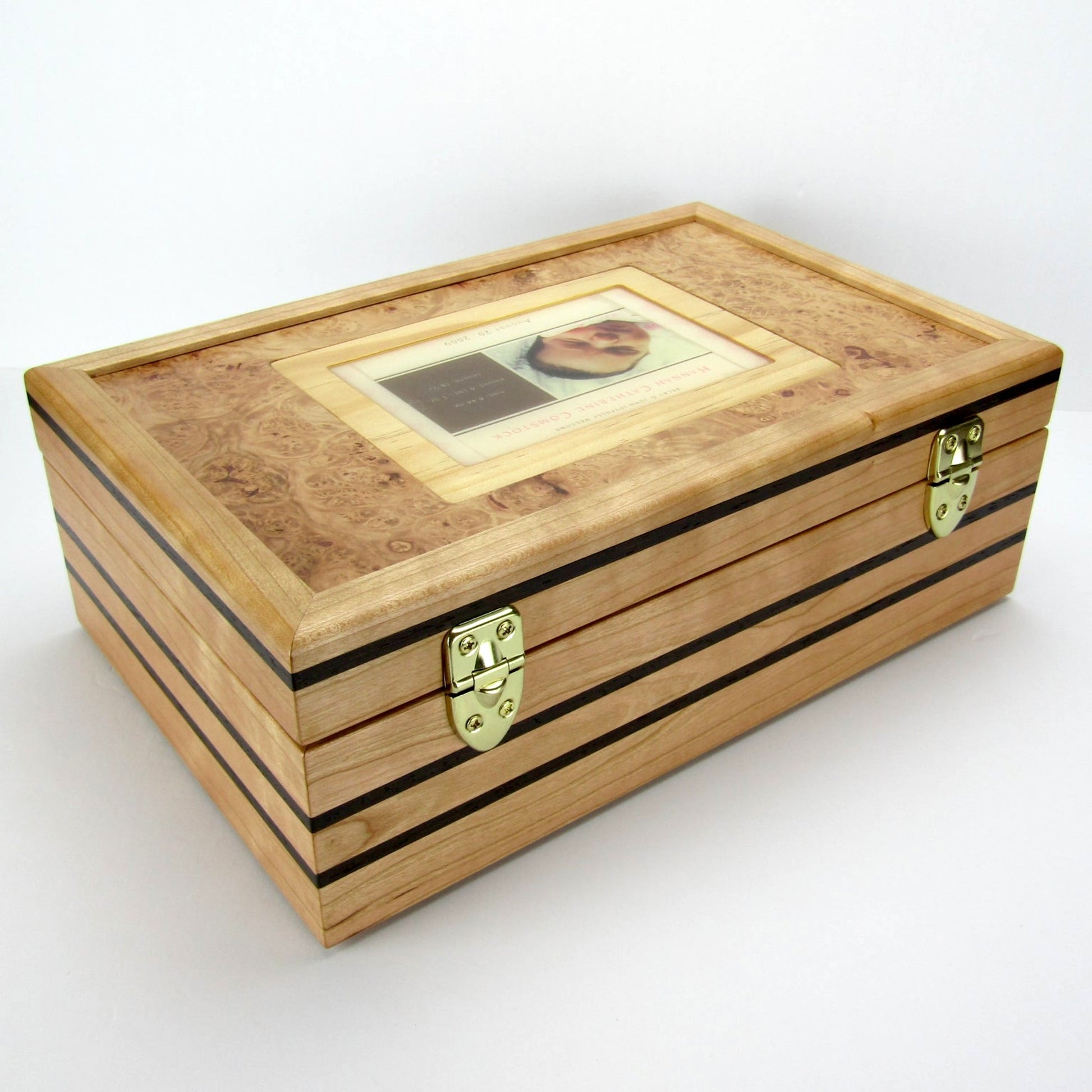 Back view of children's memory box with photo lid handmade from cherry and wenge by A Finer Cut Woodworking. 