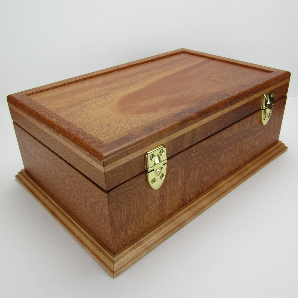 Back view of handmade keepsake box crafted from leopardwood, cherry, and mahogany veneer by A Finer Cut Woodworking.