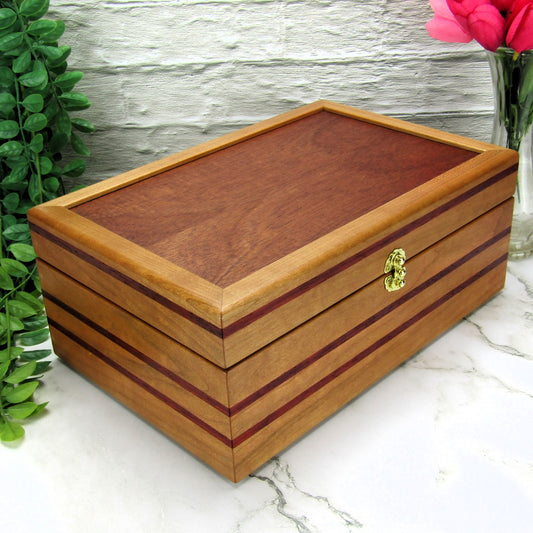Thumbnail of handmade memory box crafted from cherry and mahogany wood with padauk inlays by A Finer Cut Wood.
