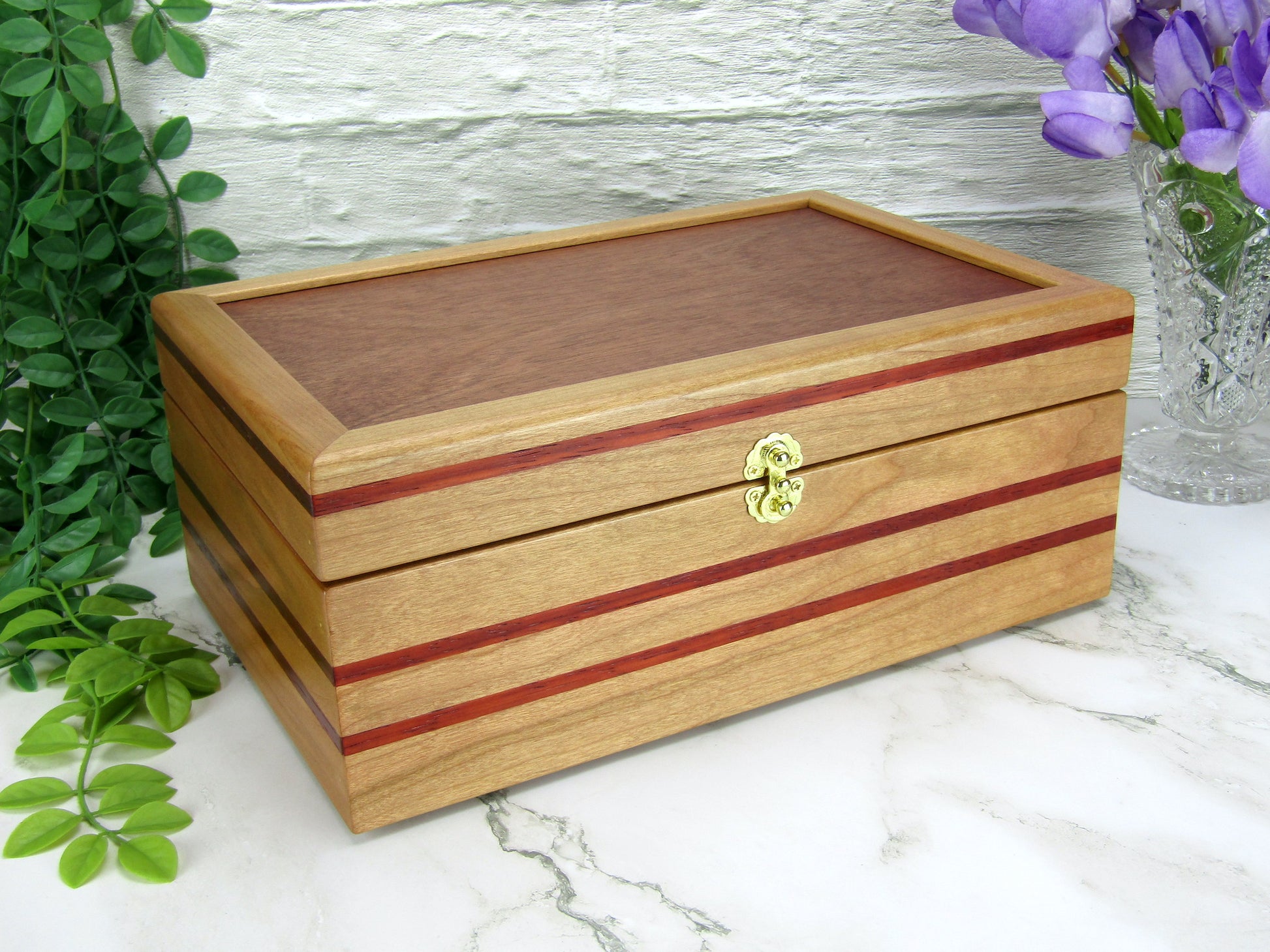 Thumbnail of handmade memory box crafted from cherry and mahogany wood with padauk inlays by A Finer Cut Wood.