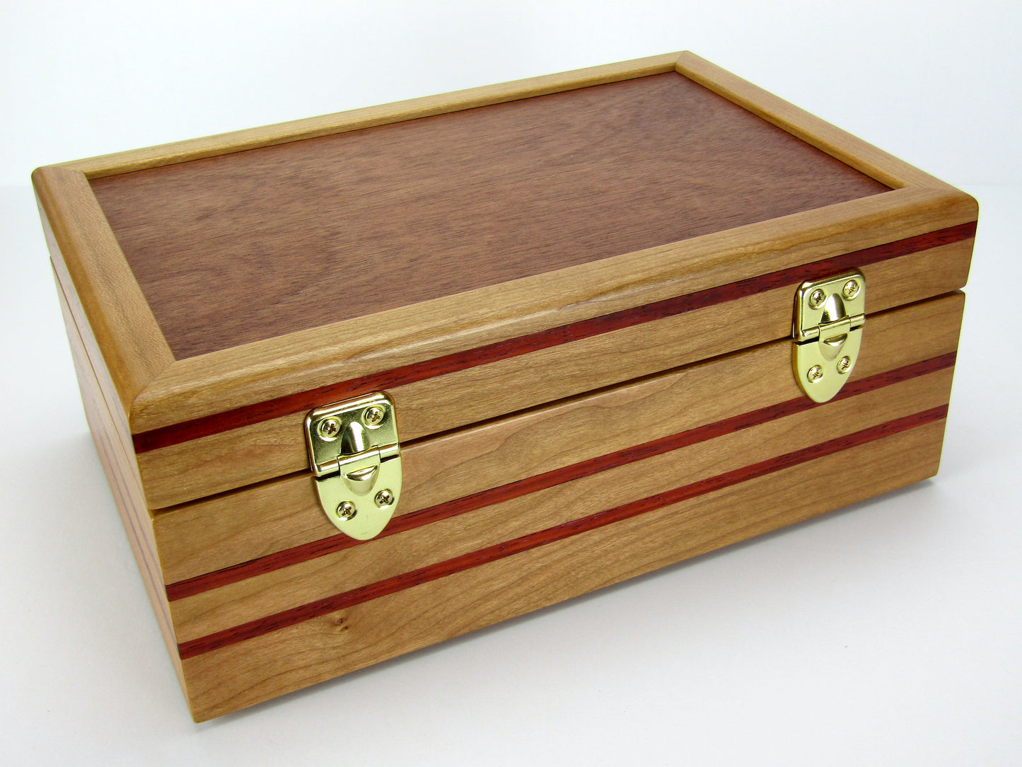 Back view of handmade memory box crafted from cherry and mahogany wood with padauk inlays by A Finer Cut Wood.