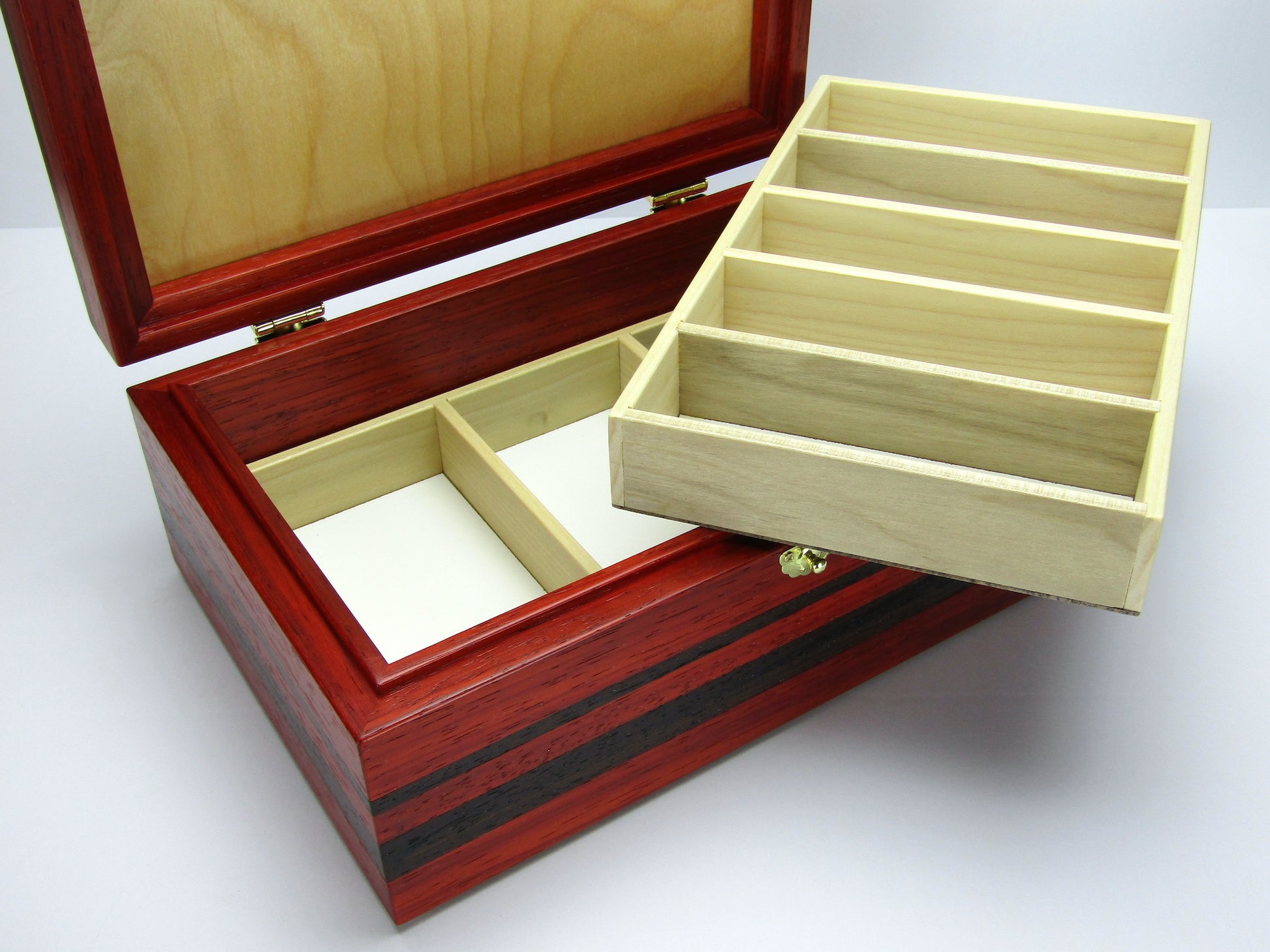 Divided trays for handmade memory box crafted from cherry and mahogany wood with padauk inlays by A Finer Cut Wood.